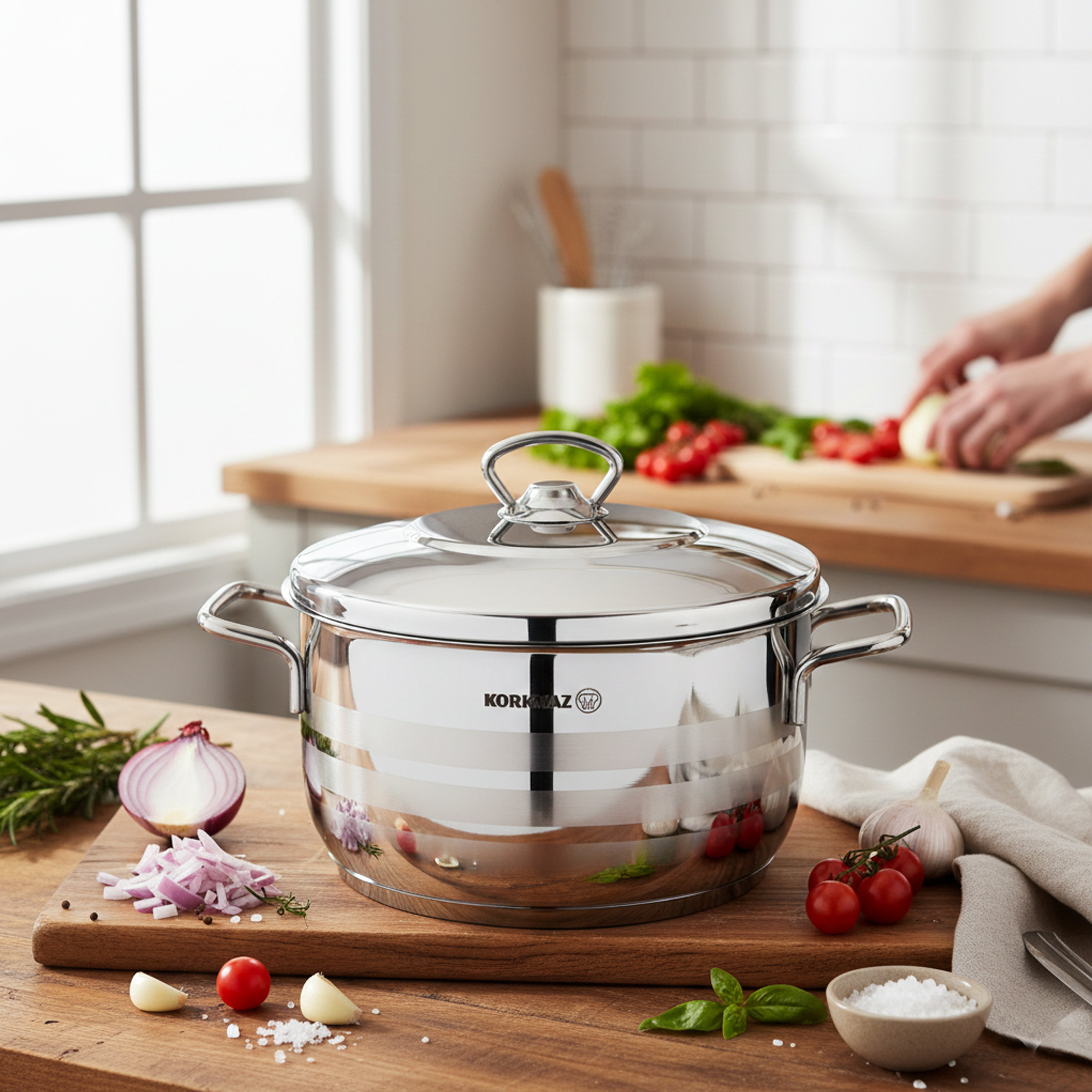 Korkmaz Astra Grande 14 Pieces Stainless Steel Cookware Set | Induction Compatible Tri-Ply Bottom Cookware Pots and Pans Set | KA1091