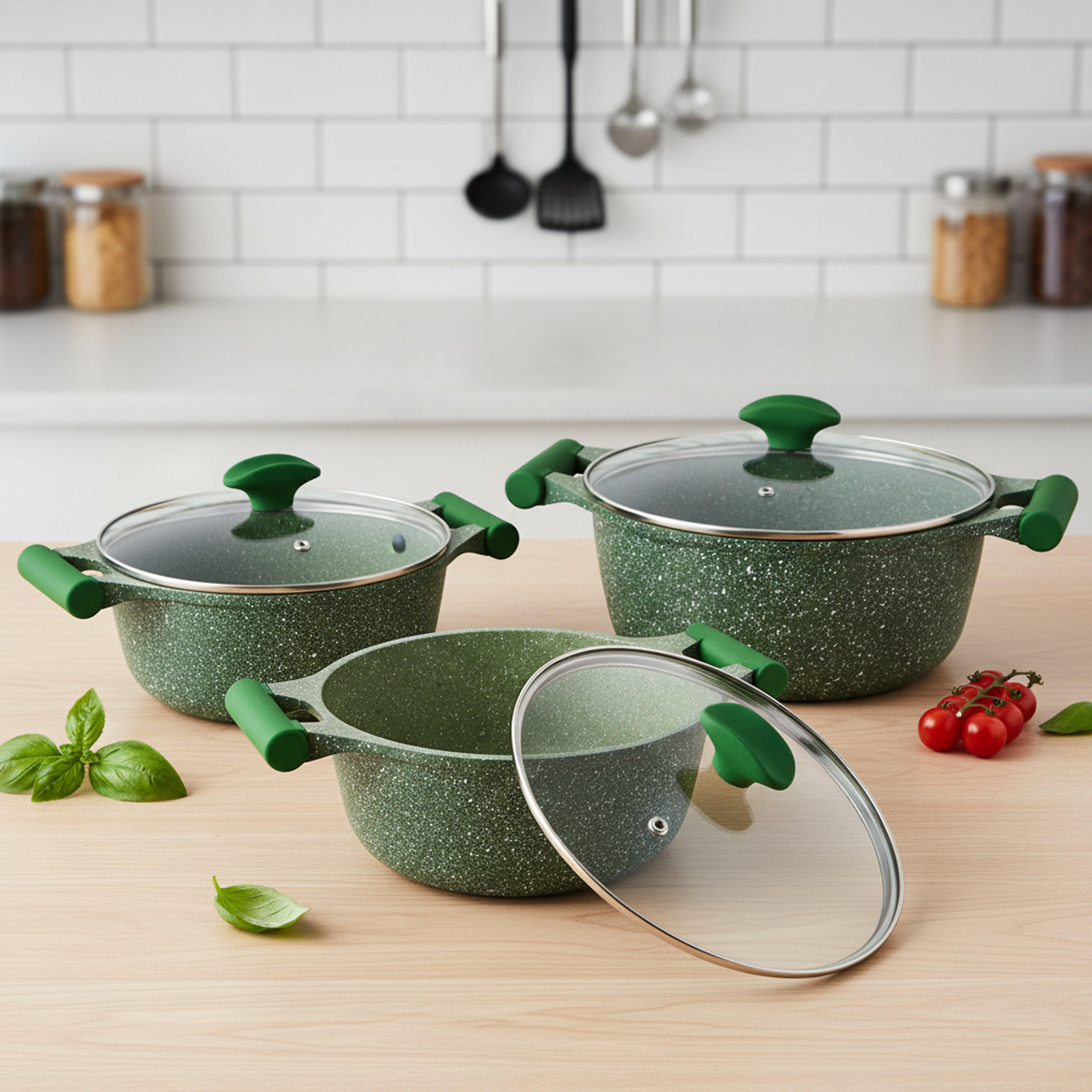 Prestige Essentials Pots and Pans Set | Granite 6 Piece Non-Stick Cast Aluminium Cookware set | Induction Base | Non Stick Cooking Set Combo | Green PR80968