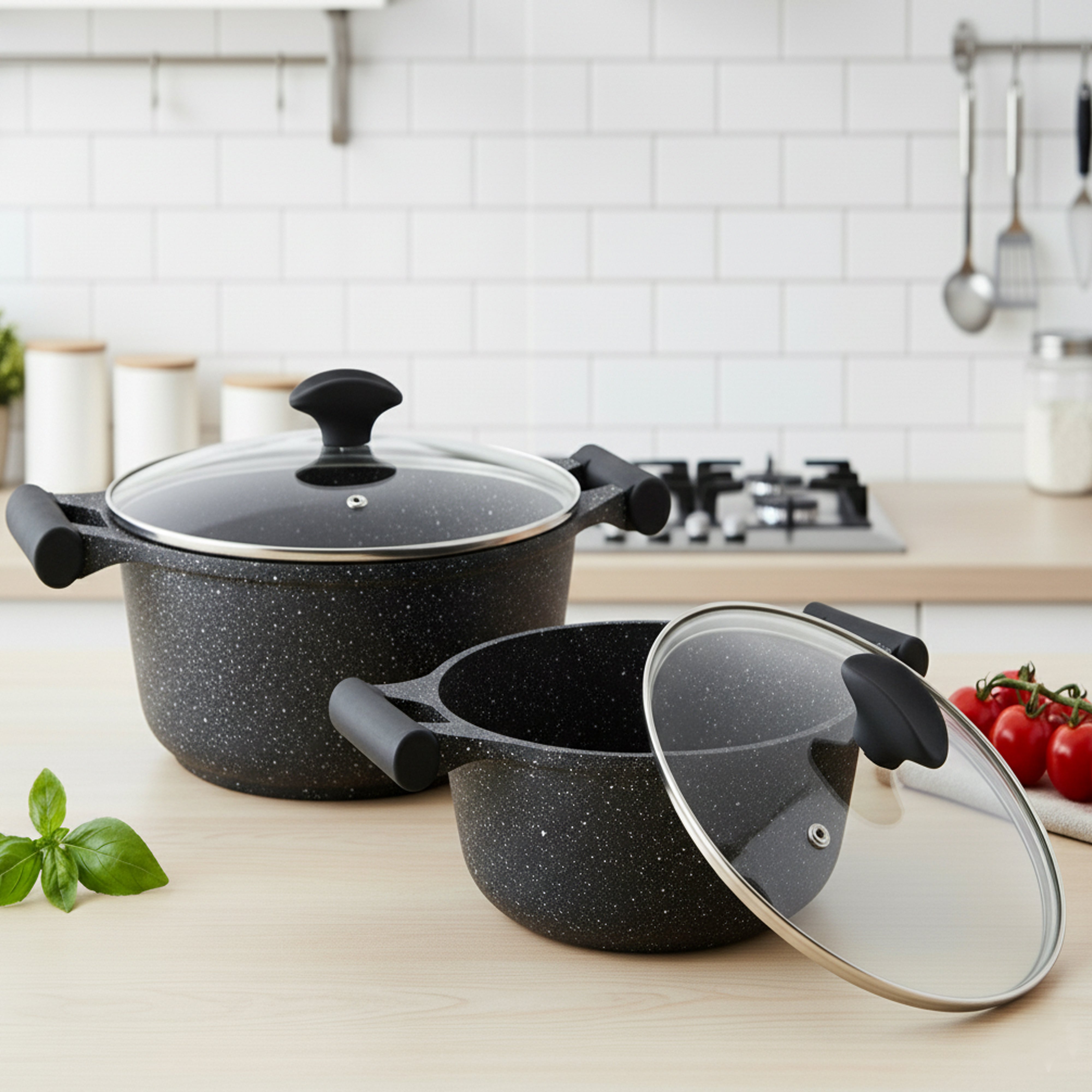 Prestige Essentials Pots and Pans Set | Granite 6 Piece Non-Stick Cast Aluminium Cookware set | Induction Base | Non Stick Cooking Set | Black PR80970