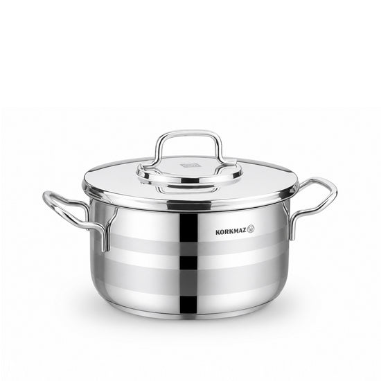 Korkmaz Astron 8 Pcs Cookware Set | Stainless Steel Pots and Pans Set | Inductions Compatible Tri-Ply Bottom Cooking Set | Silver - KA2055