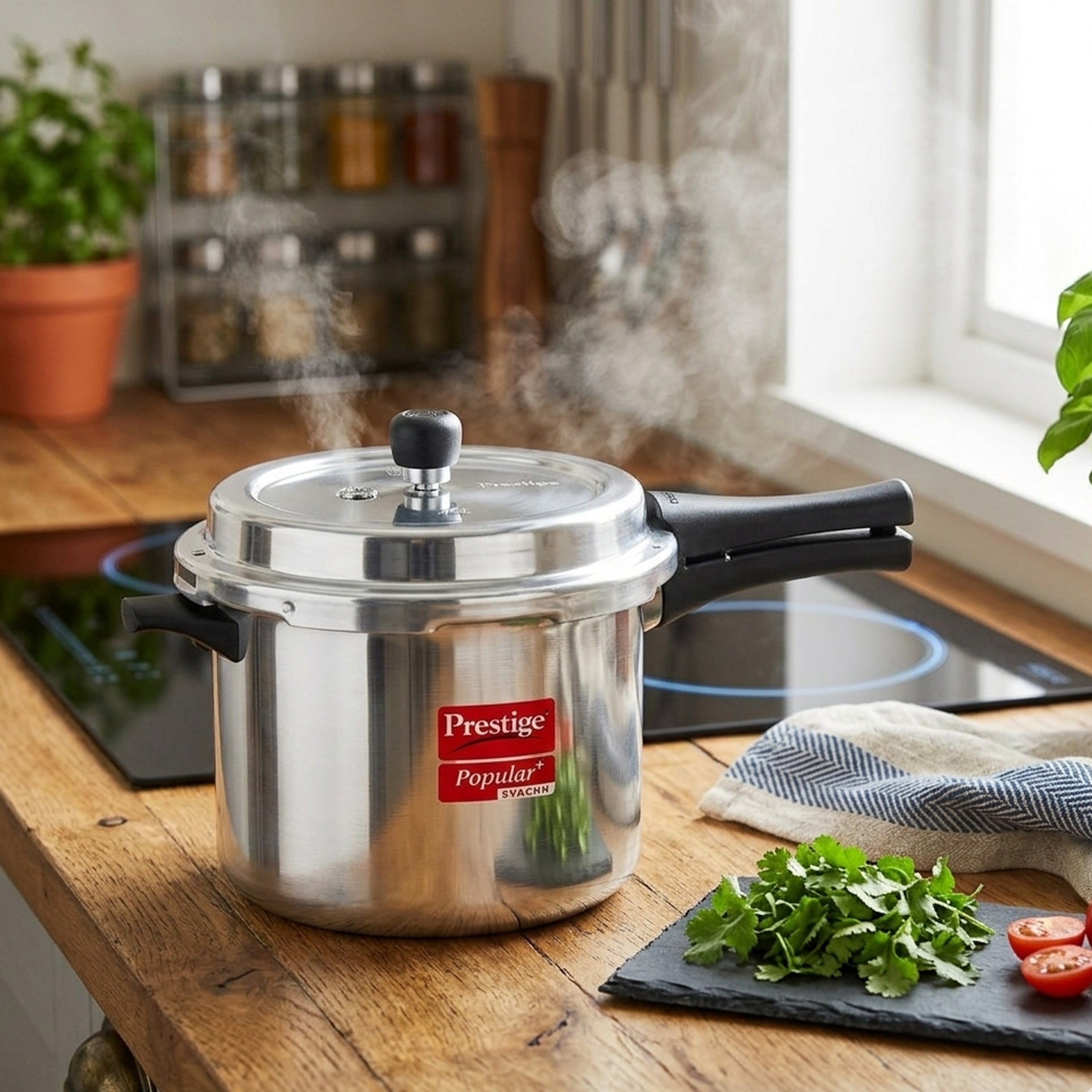 Prestige Popular Plus Svachh Virgin Aluminium Spillage Control Outer Lid Pressure Cooker, (Silver), 12 Liter
