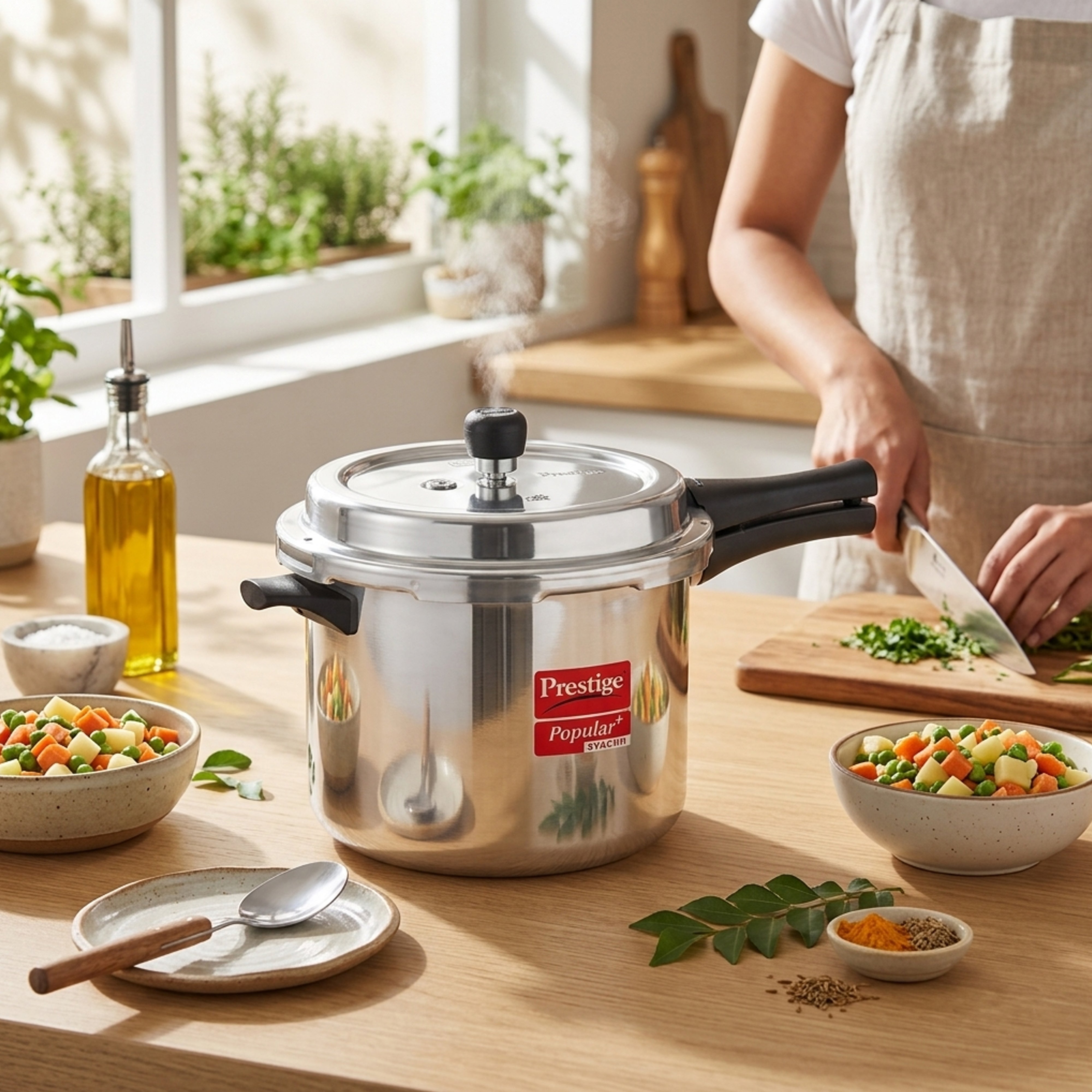Prestige Popular Plus Svachh Virgin Aluminium Spillage Control Outer Lid Pressure Cooker, (Silver), 12 Liter