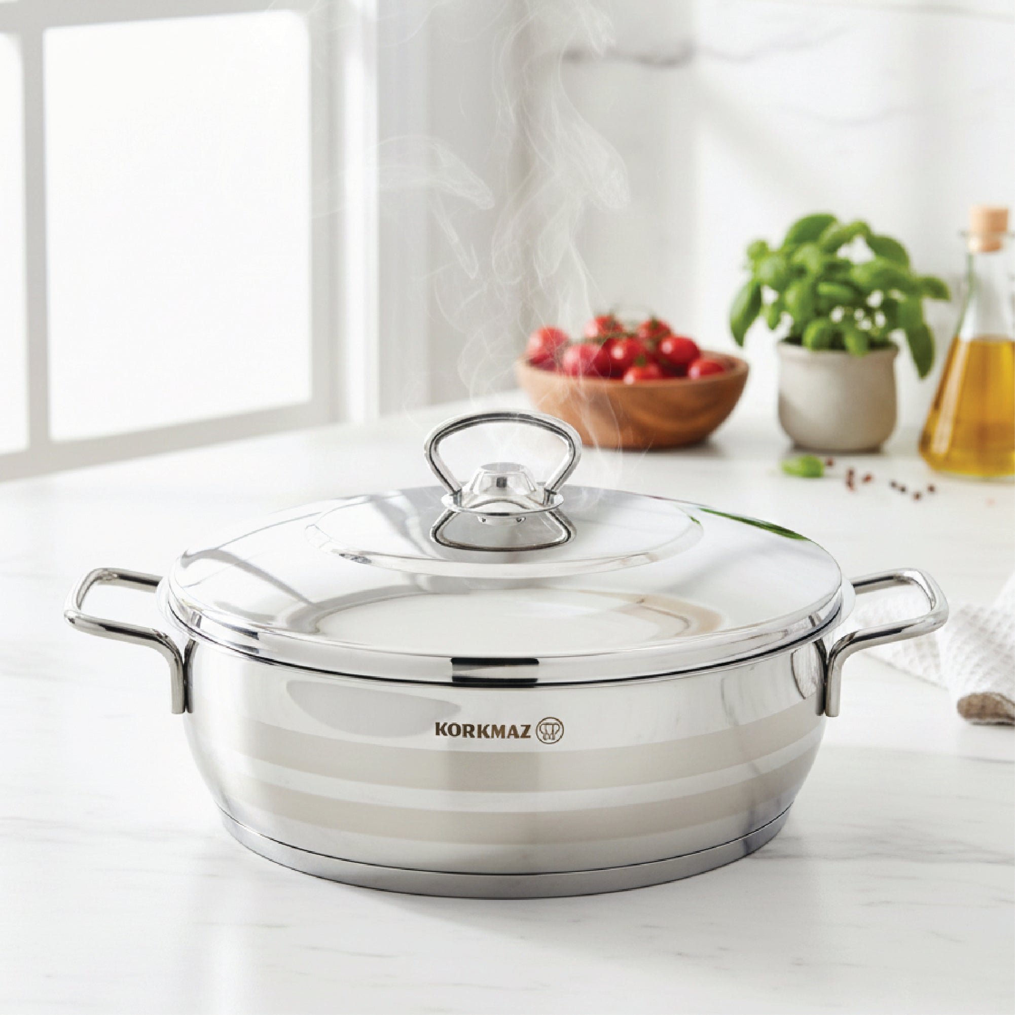 Korkmaz Alfa Grande 14 Pieces Stainless Steel Cookware Set | Stainless Steel Induction Compatible Tri-Ply Bottom Pots and Pans Set | Silver - KA1089