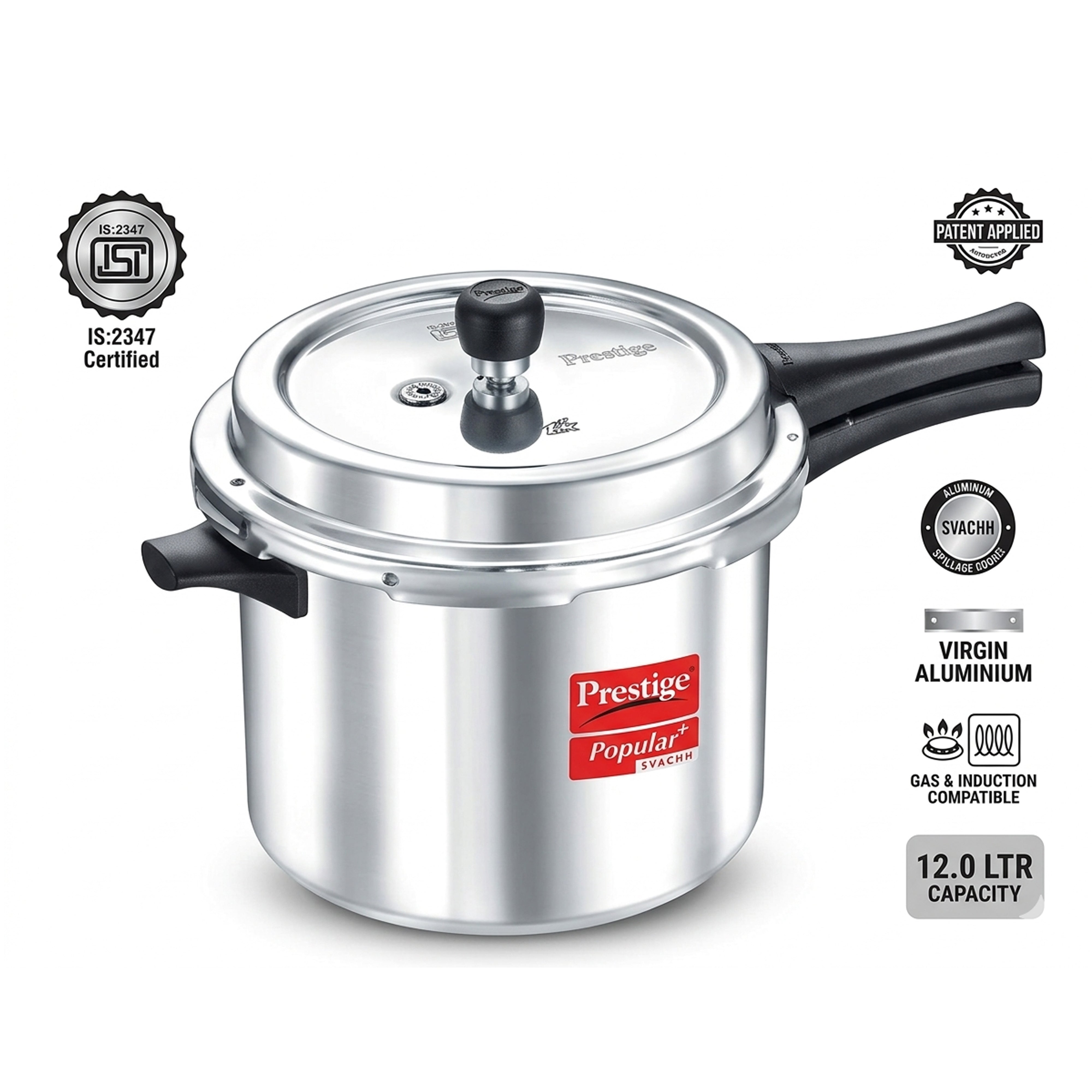 Prestige Popular Plus Svachh Virgin Aluminium Spillage Control Outer Lid Pressure Cooker, (Silver), 12 Liter