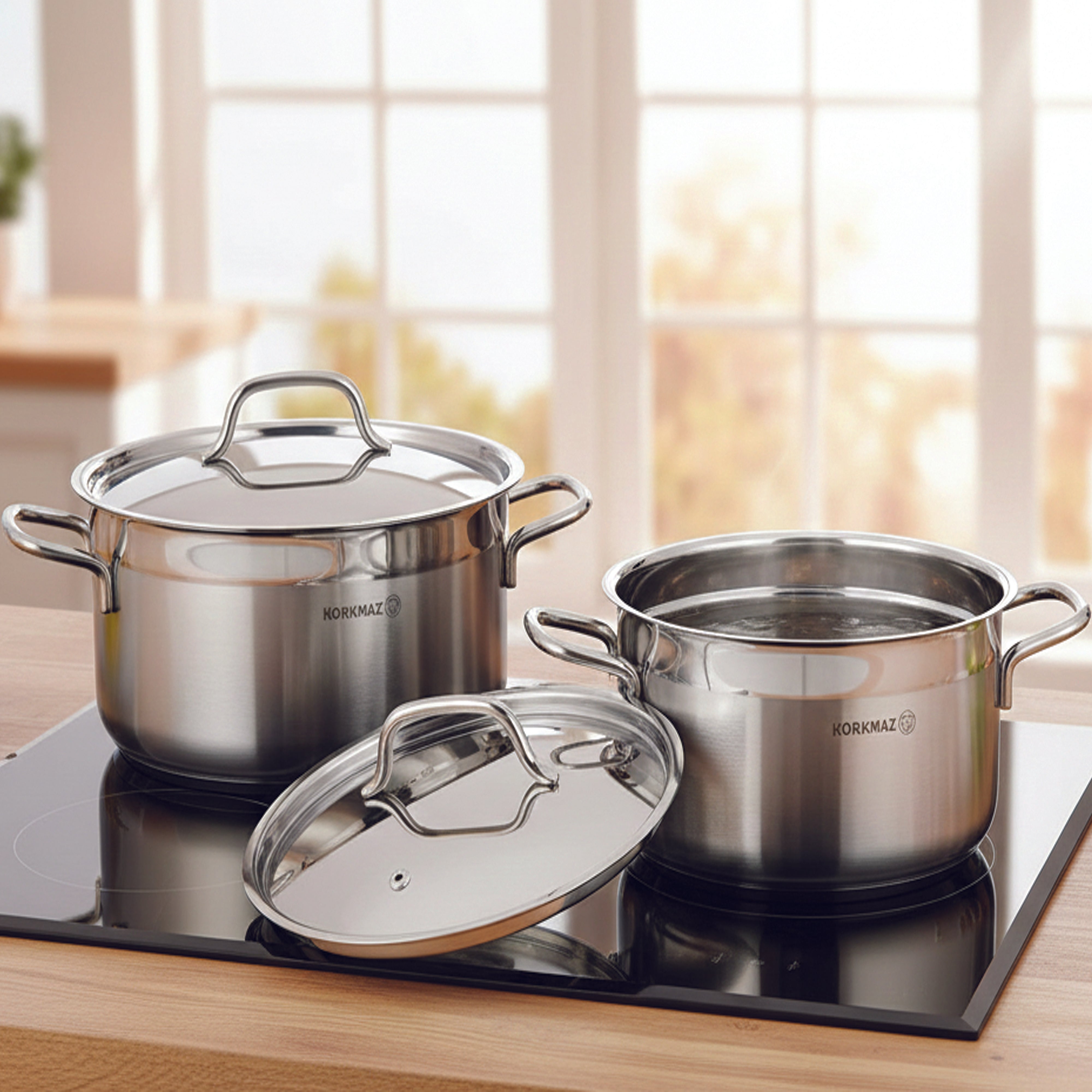 Korkmaz Alfa 9 Pieces Stainless Steel Cookware Set | Induction Compatible Tri-Ply Bottom Cookware Pots and Pans Set | Silver - KA1660