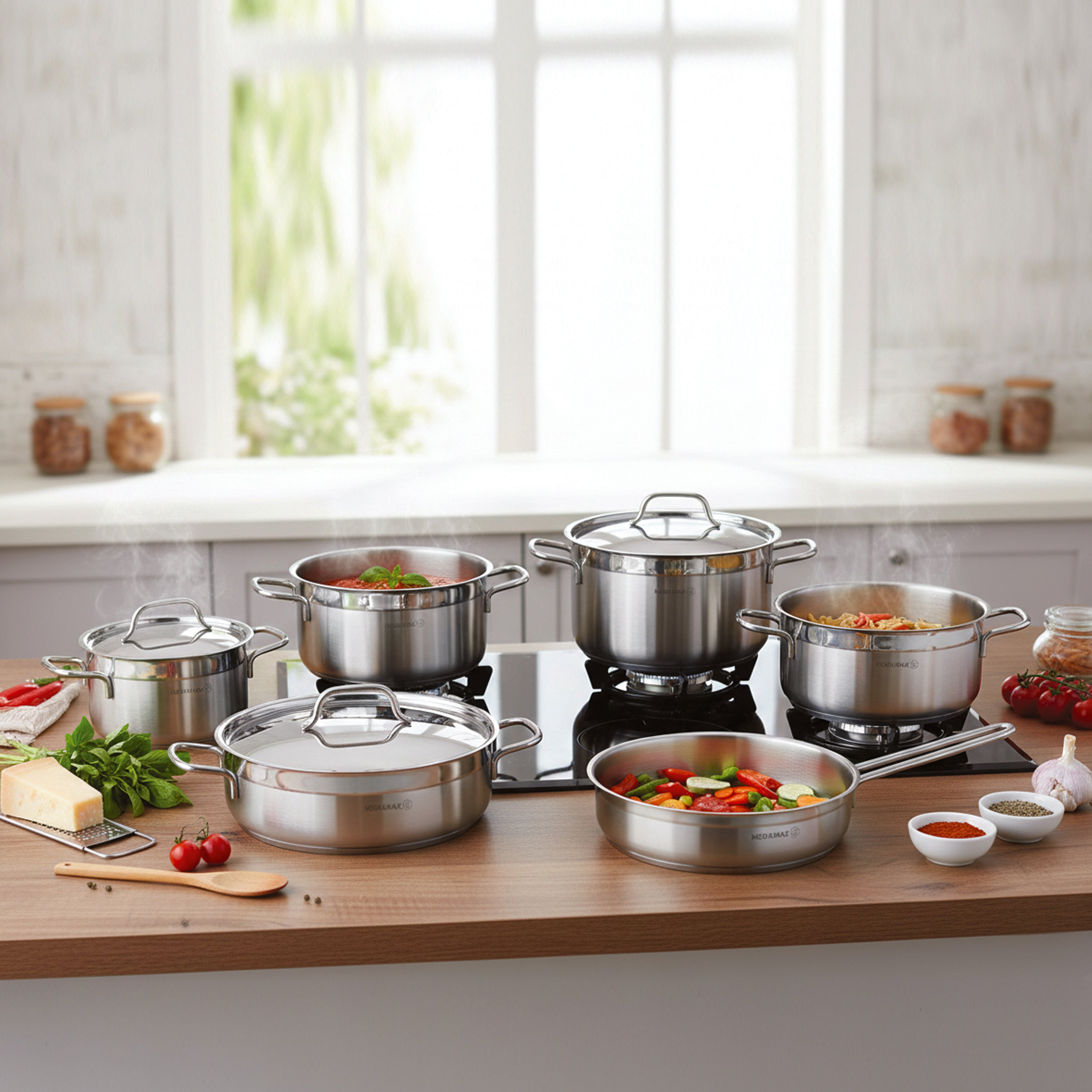 Korkmaz Alfa XL 11 Pieces Stainless Steel Cookware Set | Induction Compatible Tri-Ply Bottom Pots and Pans Set | Silver -KA1641