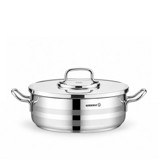 Korkmaz Astra2 Low Casserole 32x9 cm / 7 L | Induction Base Satinless Steel Pot | Dishwasher Safe Stock Pot - KA2041