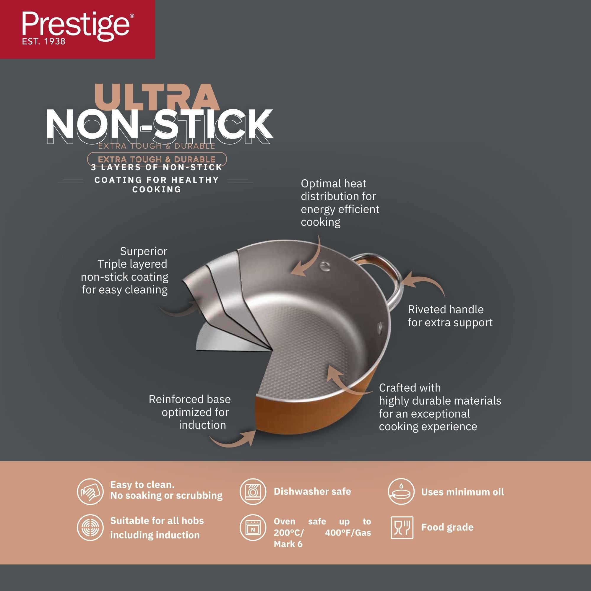 Prestige Ultra Non Stick Casserole with Glass Lid 24cm/5.2L and Complimentary Pan Holder | Induction Based Stock Pot | Non stick Stock Pot with Lid | PR22601