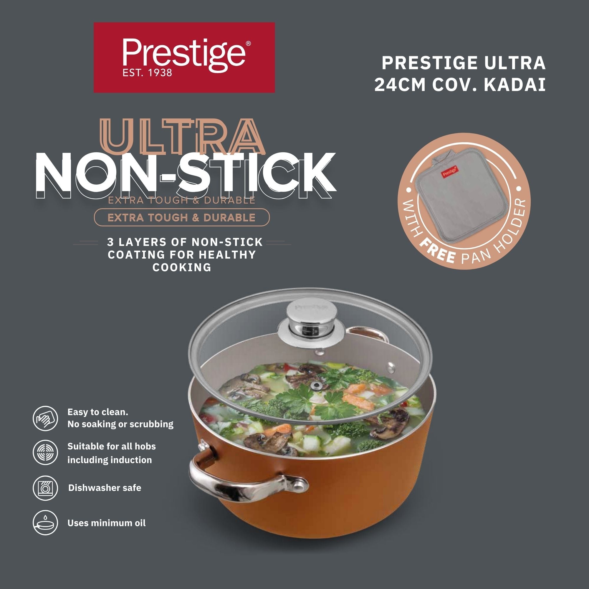 Prestige Ultra Non Stick Casserole with Glass Lid 24cm/5.2L and Complimentary Pan Holder | Induction Based Stock Pot | Non stick Stock Pot with Lid | PR22601