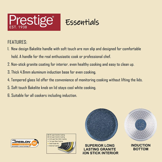 Prestige Essentials Granite 7 Piece Non-Stick Cast Aluminium Cookware Sets | Induction Compatible Pots and Pans Set | Dark Blue - PR80959