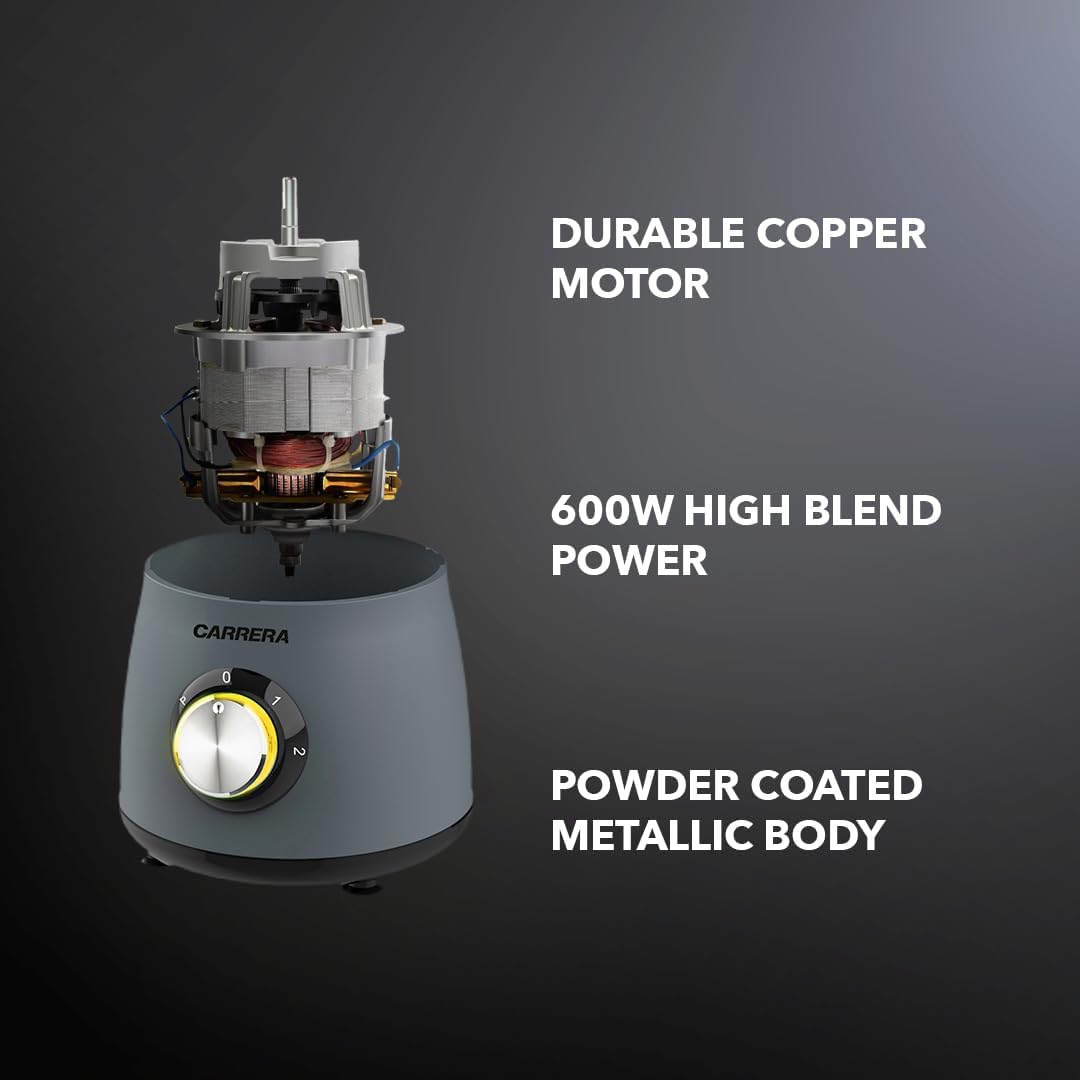 CARRERA 3-in-1 Powerful Blender 600W with 1.5L Blending Jar, Staineless Steel Blades & Copper Motor, Knob Control & LED Dislay, Perfect for Mixing, Grinding and Blending, Grey- CRR567, 2 Year Warranty