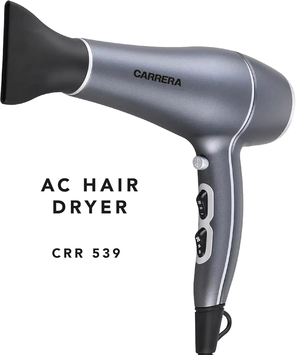 CARRERA AC Hair Dryer CRR 539 – 2200W Professional Hair Dryer with AC Motor, Ceramic Coating, Ionic Function, Cool Shot, and Styling Accessories