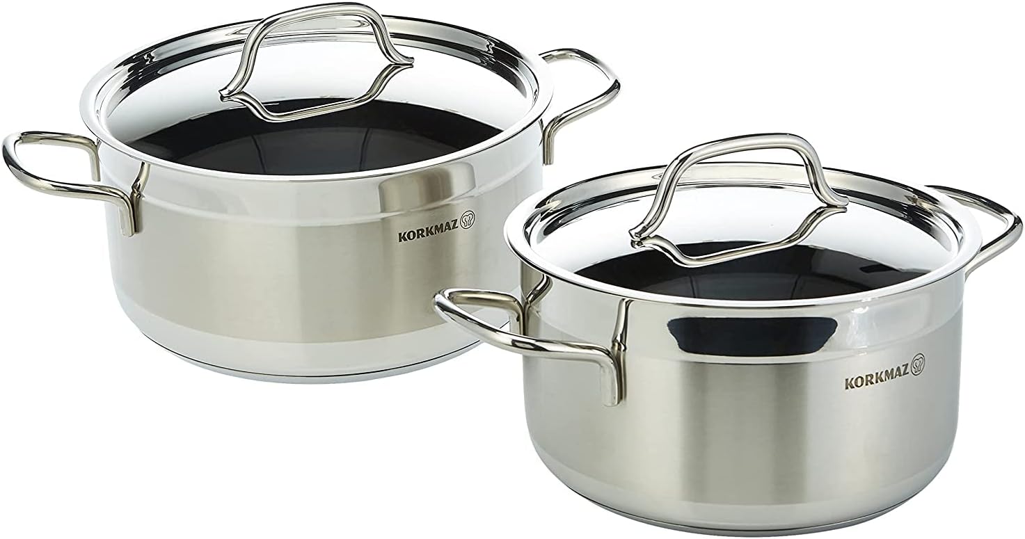 Korkmaz Alfa 9 Pieces Stainless Steel Cookware Set | Induction Compatible Tri-Ply Bottom Cookware Pots and Pans Set | Silver - KA1660