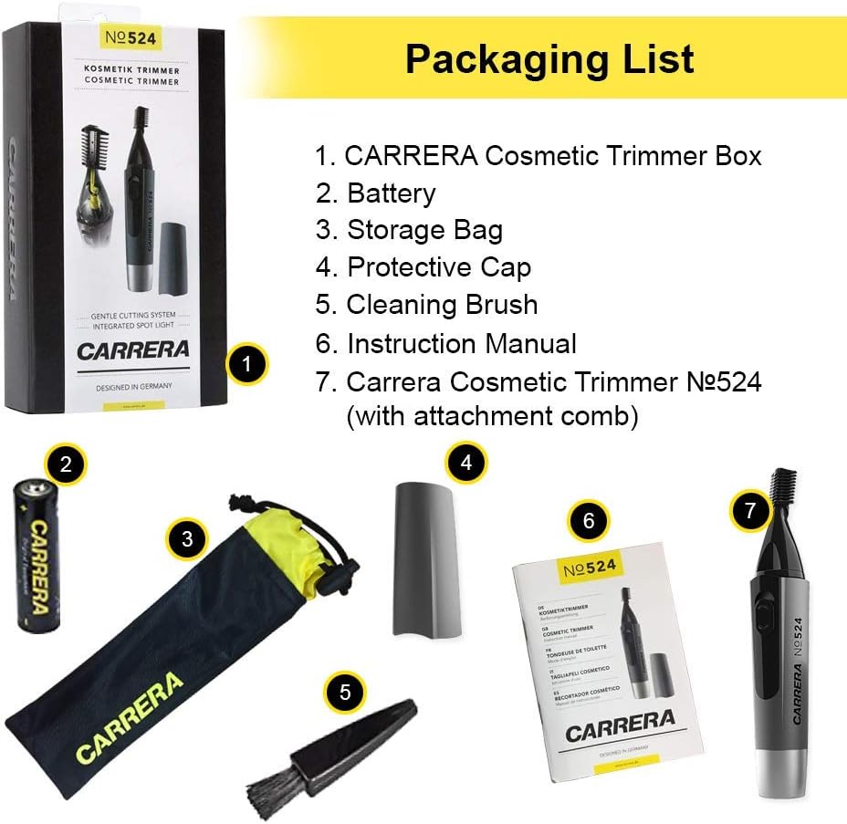 CARRERA 524 Hair Trimmer for Men & Women Integrated Spotlight for Precision Trimming Portable & Cordless Ideal for Small Facial Hair, Nose, Ears, Eyebrows, Sideburns etc Cutting length 0.4 mm, Silver