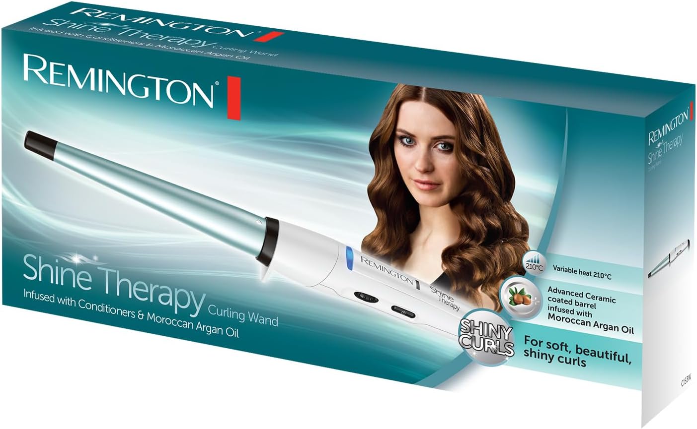 Remington Shine Therapy Curling Wand | Advanced Ceramic Coating Infused with Moroccan Argan Oil for Smooth, Shiny Curls – CI53W (White)