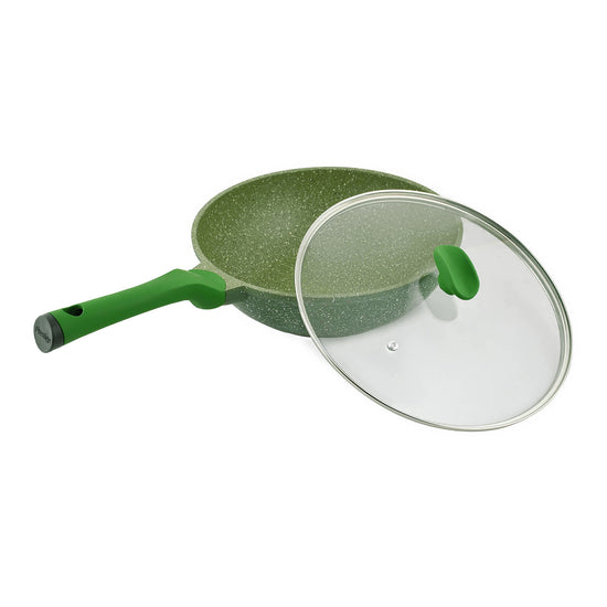 Prestige Essentials Wok Pan 30 Cm | Induction Compatible Non Stick Pan | Granite Coted Cooking Pot | Green - PR81117