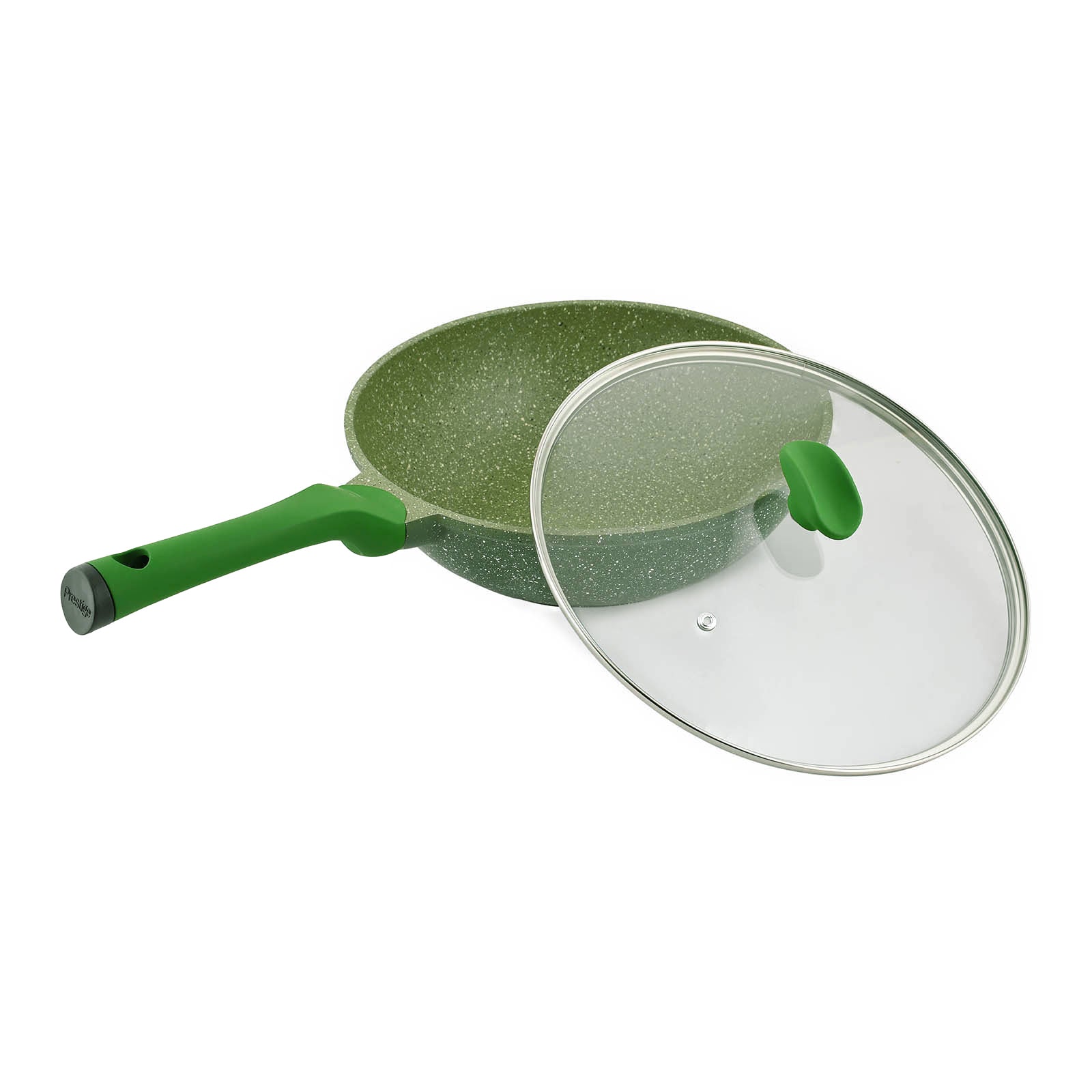 Prestige Essentials Wok Pan 30 Cm | Induction Compatible Non Stick Pan | Granite Coted Cooking Pot | Green - PR81117