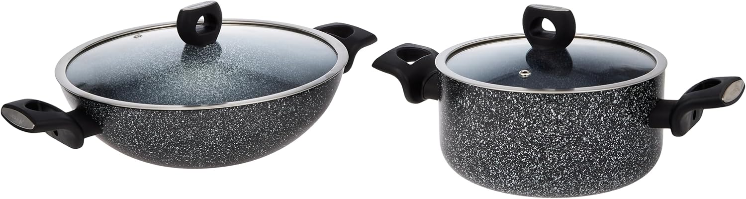 Korkmaz Cortina Plus 11 Pieces Forged Aluminum Cookware Set | Granite Coated Cookware Sets | Induction Compatible Cookware Pots and Pans Set | Black - KA2684