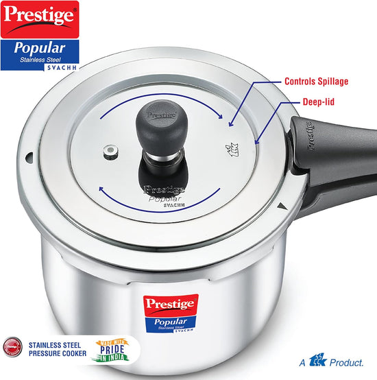 Prestige 3 Litre Stainless Steel Popular Svachh Outerlid Pressure Cooker | Deep lid for spillage control |Gas & Induction Compatible|Controlled Gasket Release System