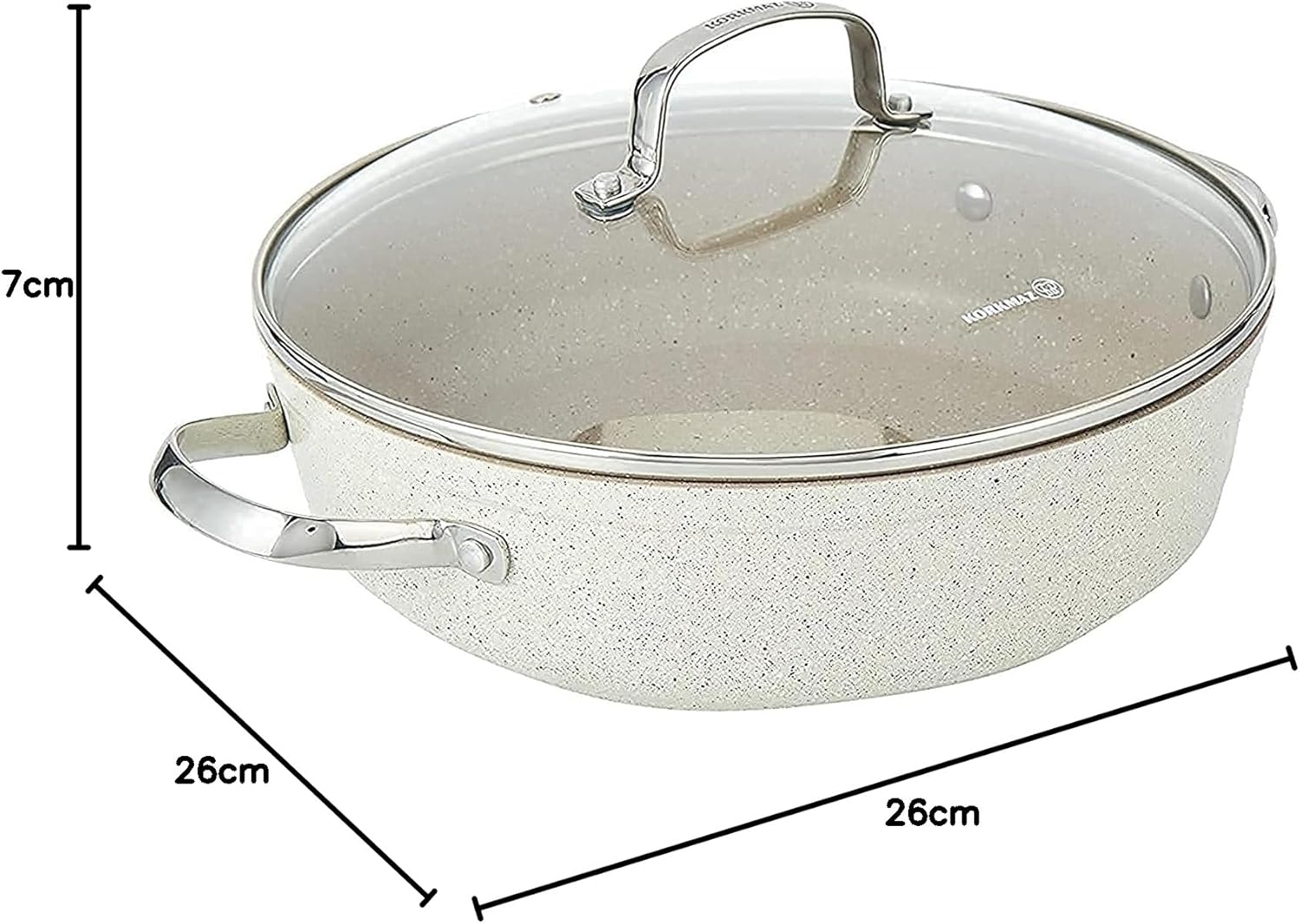 Korkmaz Granita Forged Aluminium Low Casserole 26X7cm 3.5L | Non-Stick Granite Coating Stock Pot | Induction Base Cooking Pot with Glass Lid - KA1263