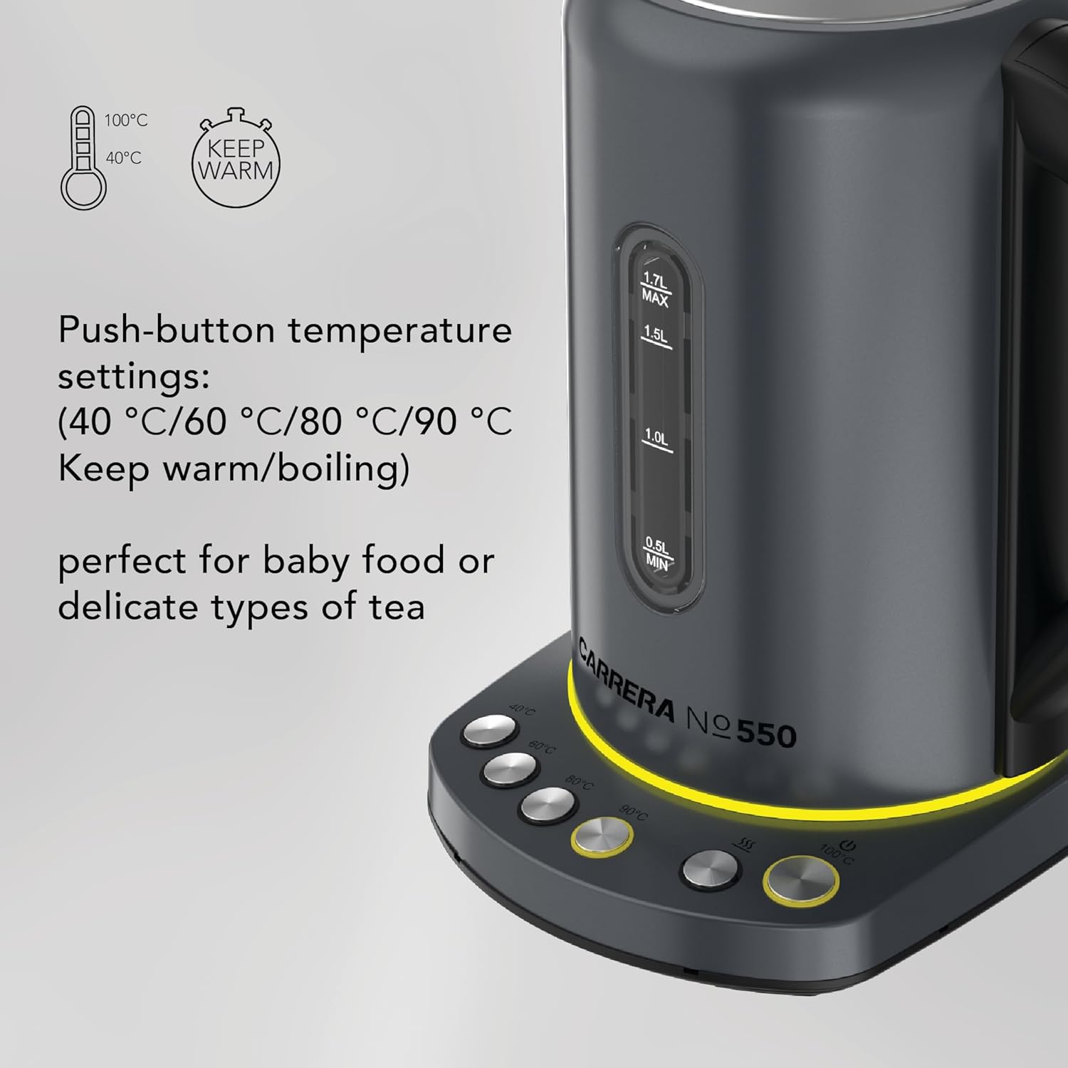 CARRERA Electric Kettle № 550 – 2000-2400W Stainless Steel Kettle with Adjustable Temperature, Keep Warm Function & LED Display