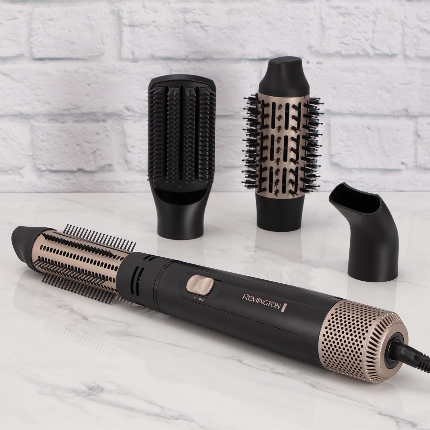 Remington Blow & Dry Caring Air Styler | 1000W Hair Dryer & Hot Brush with 4 Styling Attachments | For Mid to Long Hair – AS7500 (Black)