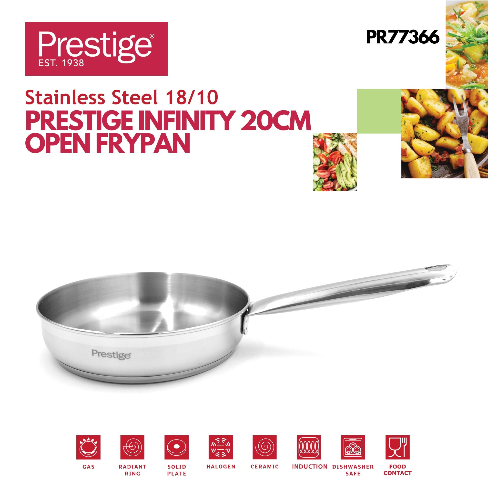 Prestige Infinity Stainless Steel Open Fry Pan 20cm | Induction Compatible Frying Pan | Silver - PR77366