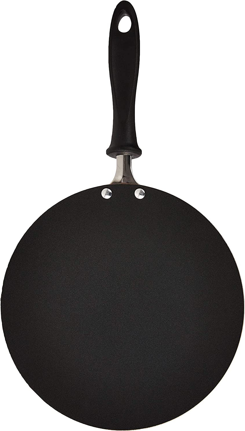 A black non-stick pan with a black handle and silver rivets, shown from a top-down perspective on a white background.