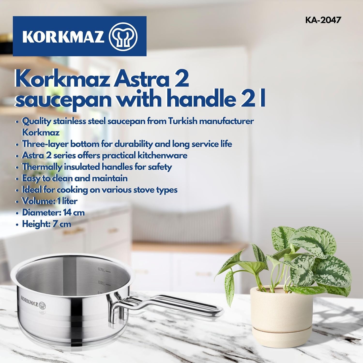 Korkmaz Astra Stainless Steel Saucepan 14 X 7 Cm 1.0 Ltr | Stainless Steel Induction Compatible Tri-Ply Bottom Saucepan | KA2046