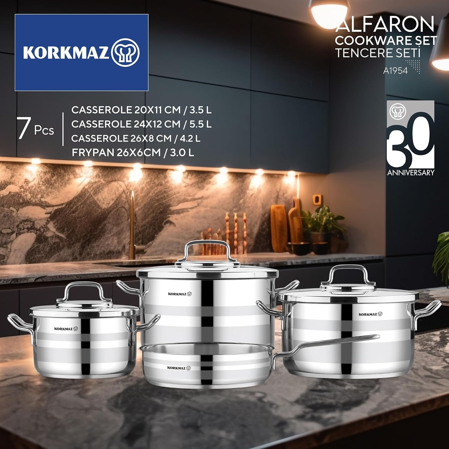 Korkmaz Alfaron 7 Pcs Stainless Steel Cookware Set | Industion Compatible Tri-Ply Bottom Pots and Pans Set | Silver - KA1954