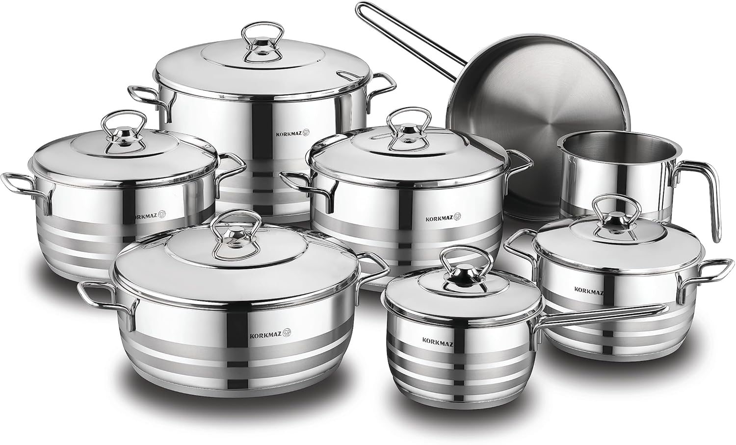 Korkmaz Astra Grande 14 Pieces Stainless Steel Cookware Set | Induction Compatible Tri-Ply Bottom Cookware Pots and Pans Set | KA1091