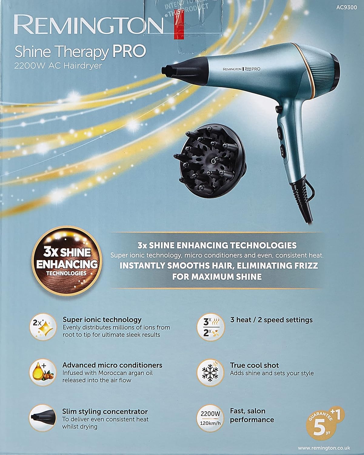 Remington Shine Therapy Pro Hair Dryer | 2400W Powerful AC Motor with Advanced Ionic & Micro-Conditioner Technology for Glossy Finish – AC9300