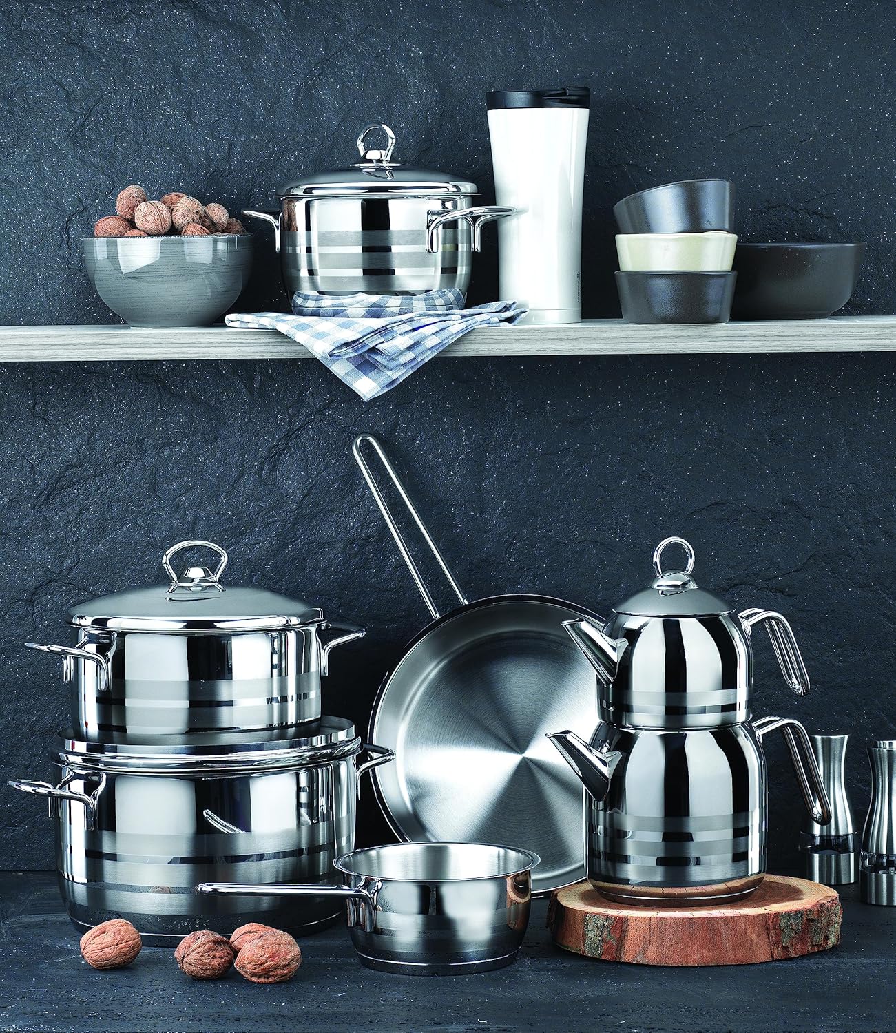 Korkmaz Astra Grande 14 Pieces Stainless Steel Cookware Set | Induction Compatible Tri-Ply Bottom Cookware Pots and Pans Set | KA1091