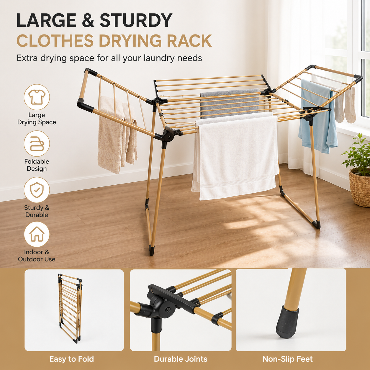 Winsor 21M Gold Clothes Drying Foldable Stand – Heavy Duty Iron Tubes with Rust Proof Powder Coating Laundry Dryer - WR80846 (Golden Edition)