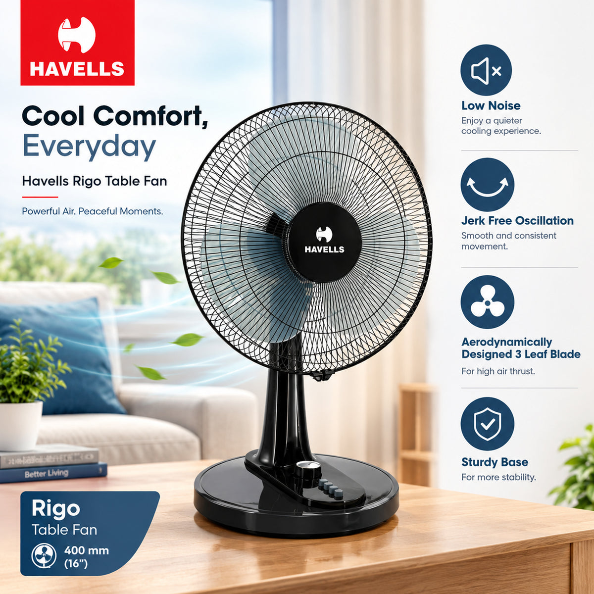 Havells Rigo Table Fan White 400Mm | 3 Speed Settings with Wide Oscillation with Stable Base | Ideal for Desk Fan, Home or Office Use