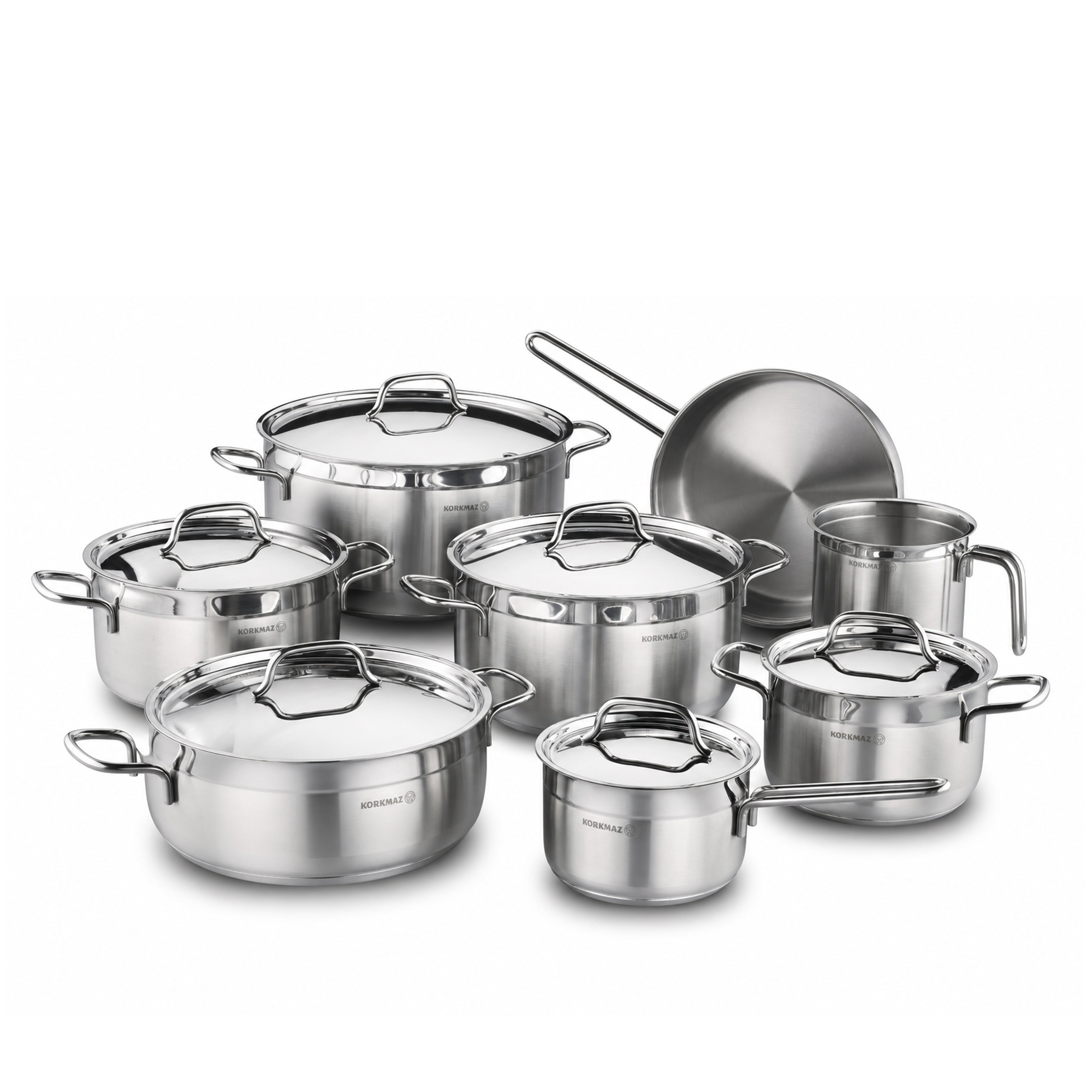 Korkmaz Alfa Grande 14 Pieces Stainless Steel Cookware Set | Stainless Steel Induction Compatible Tri-Ply Bottom Pots and Pans Set | Silver - KA1089