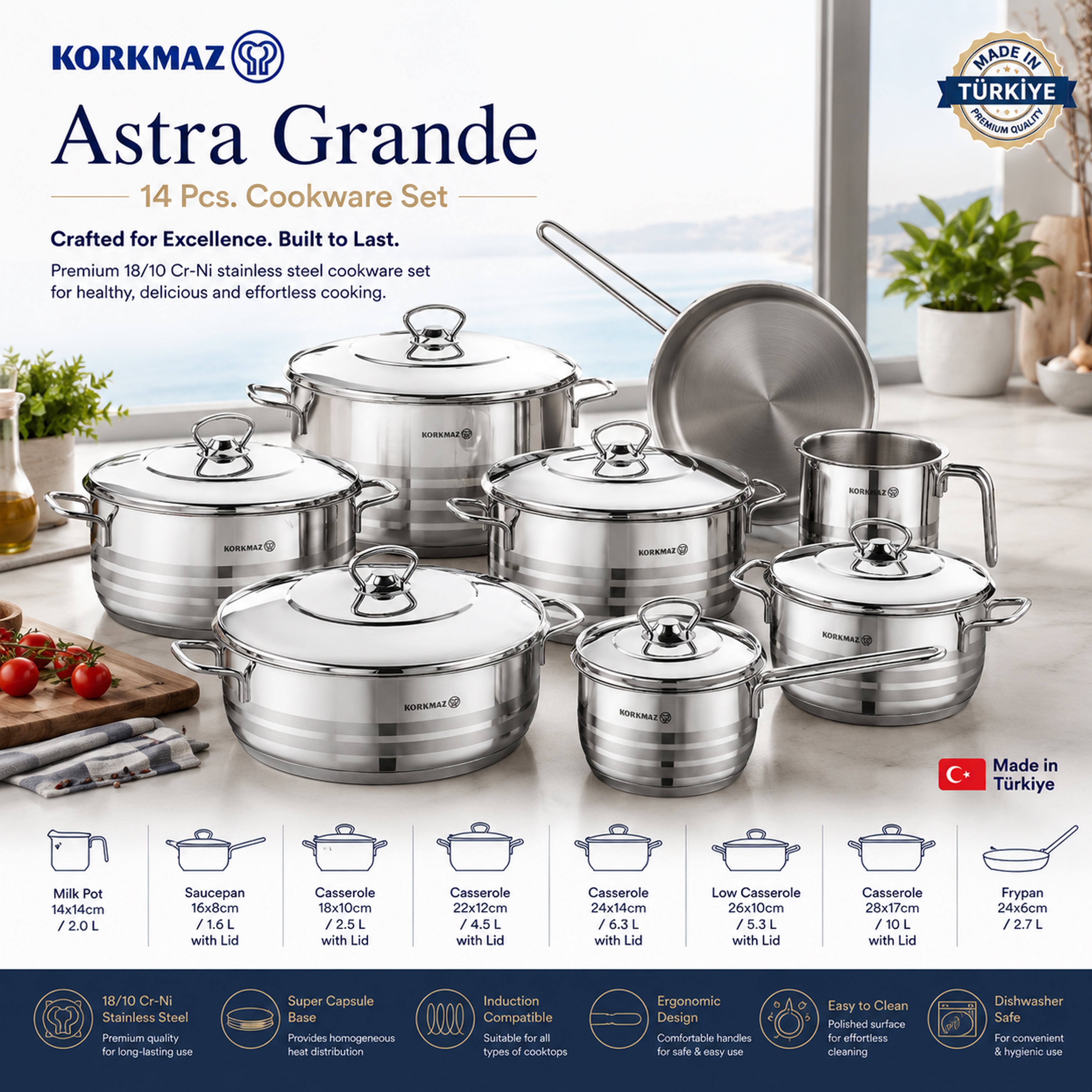 Korkmaz Astra Grande 14 Pieces Stainless Steel Cookware Set | Induction Compatible Tri-Ply Bottom Cookware Pots and Pans Set | KA1091