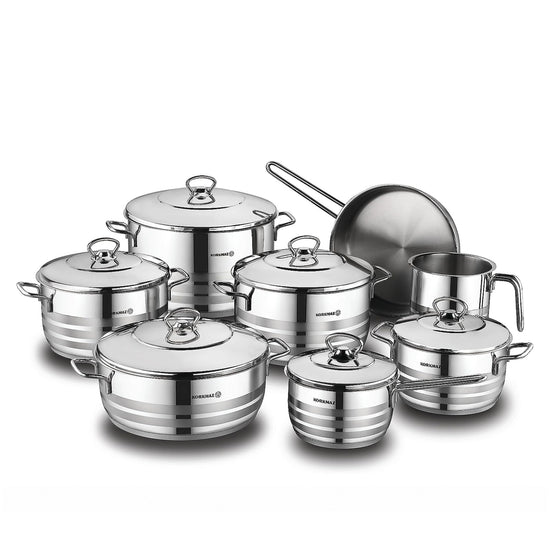 Korkmaz Astra Grande 14 Pieces Stainless Steel Cookware Set | Induction Compatible Tri-Ply Bottom Cookware Pots and Pans Set | KA1091