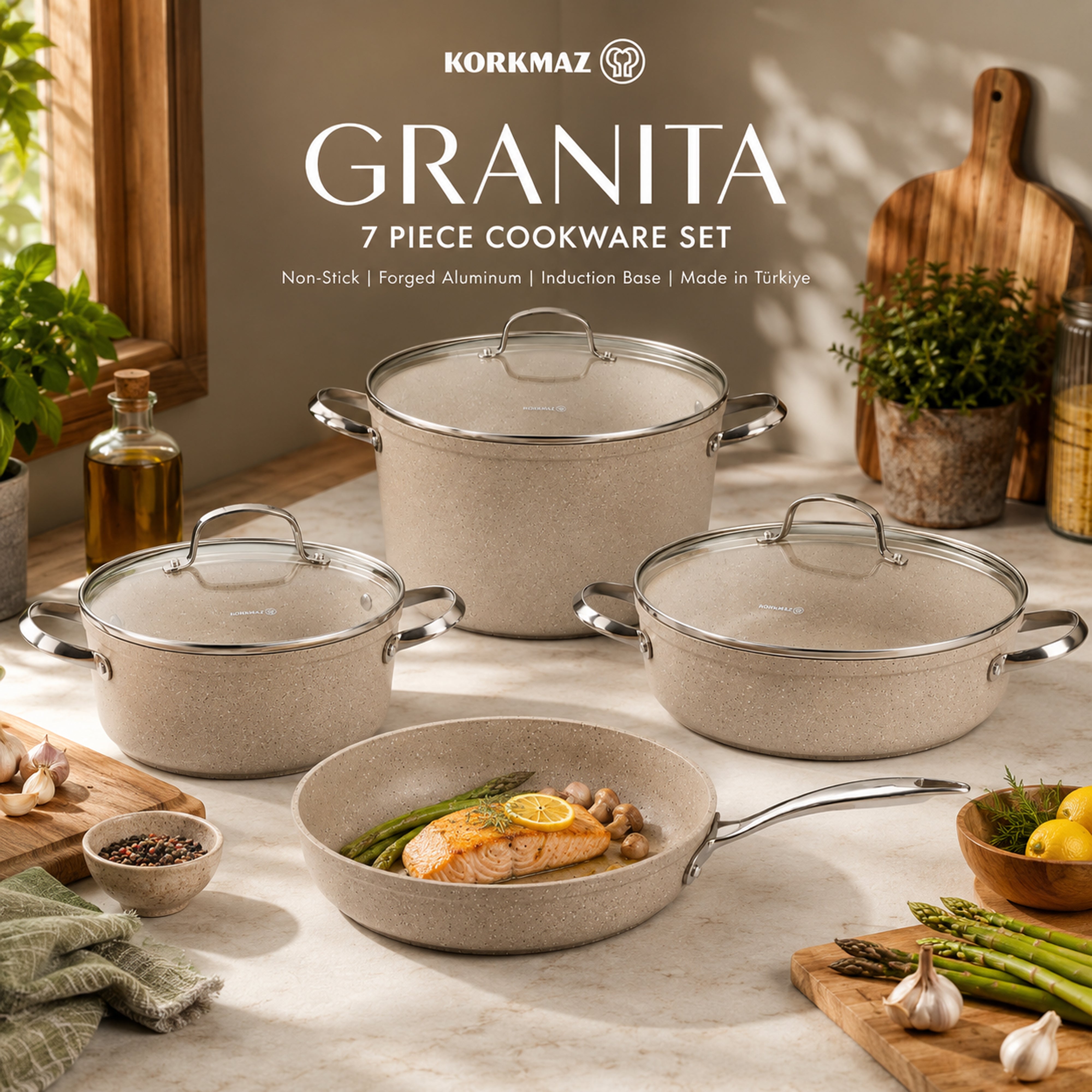 Korkmaz Granita 7 Pieces Non-Stick Cookware Set | Forged Aluminum Granite Coated Induction Base Cookware Pots and Pans Set | Beige - KA1272
