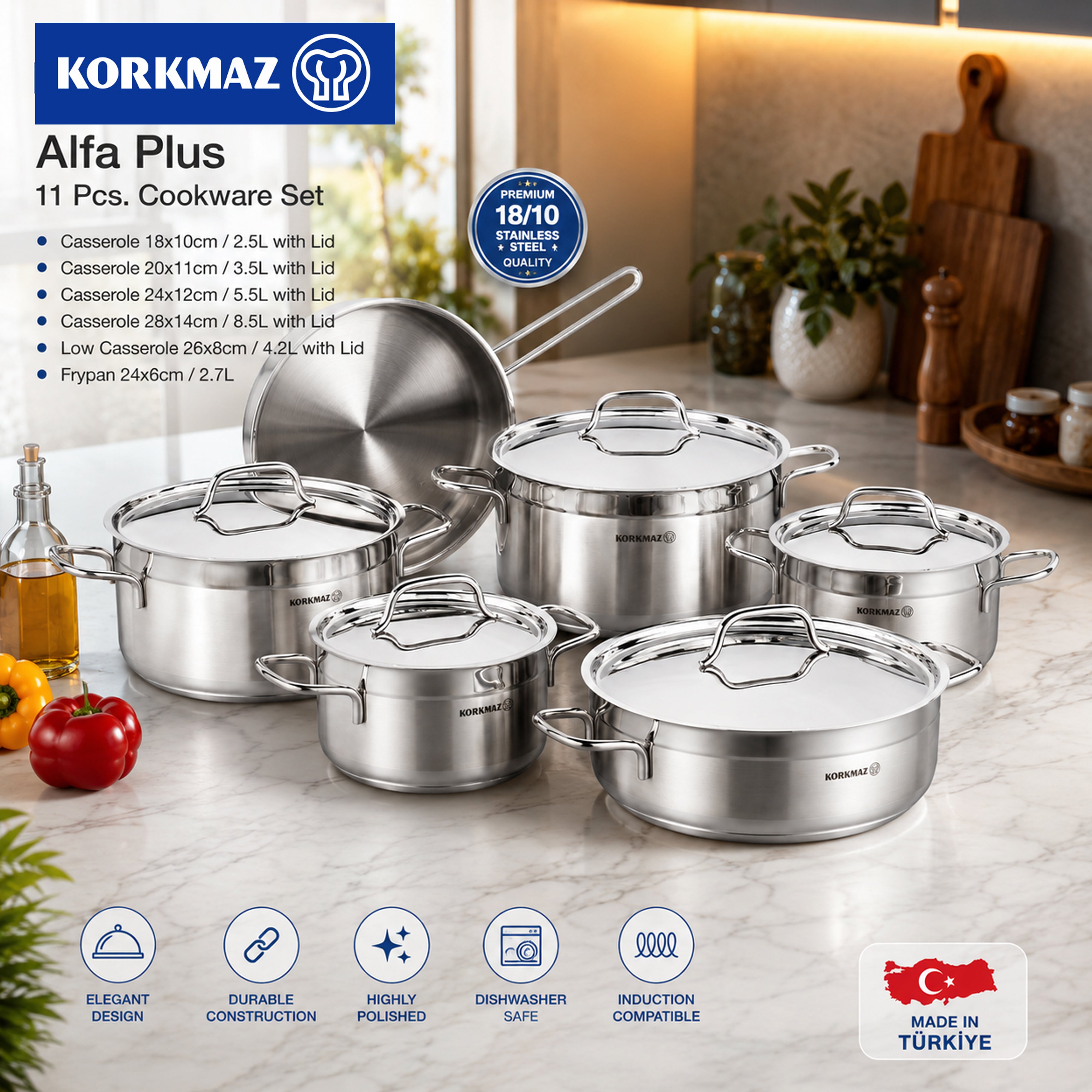 Korkmaz Alfa Plus 11 Pieces Stainless Steel Cookware Set | Induction Compatible Tri-Ply Bottom Pots and Pans Set | Silver - KA1610