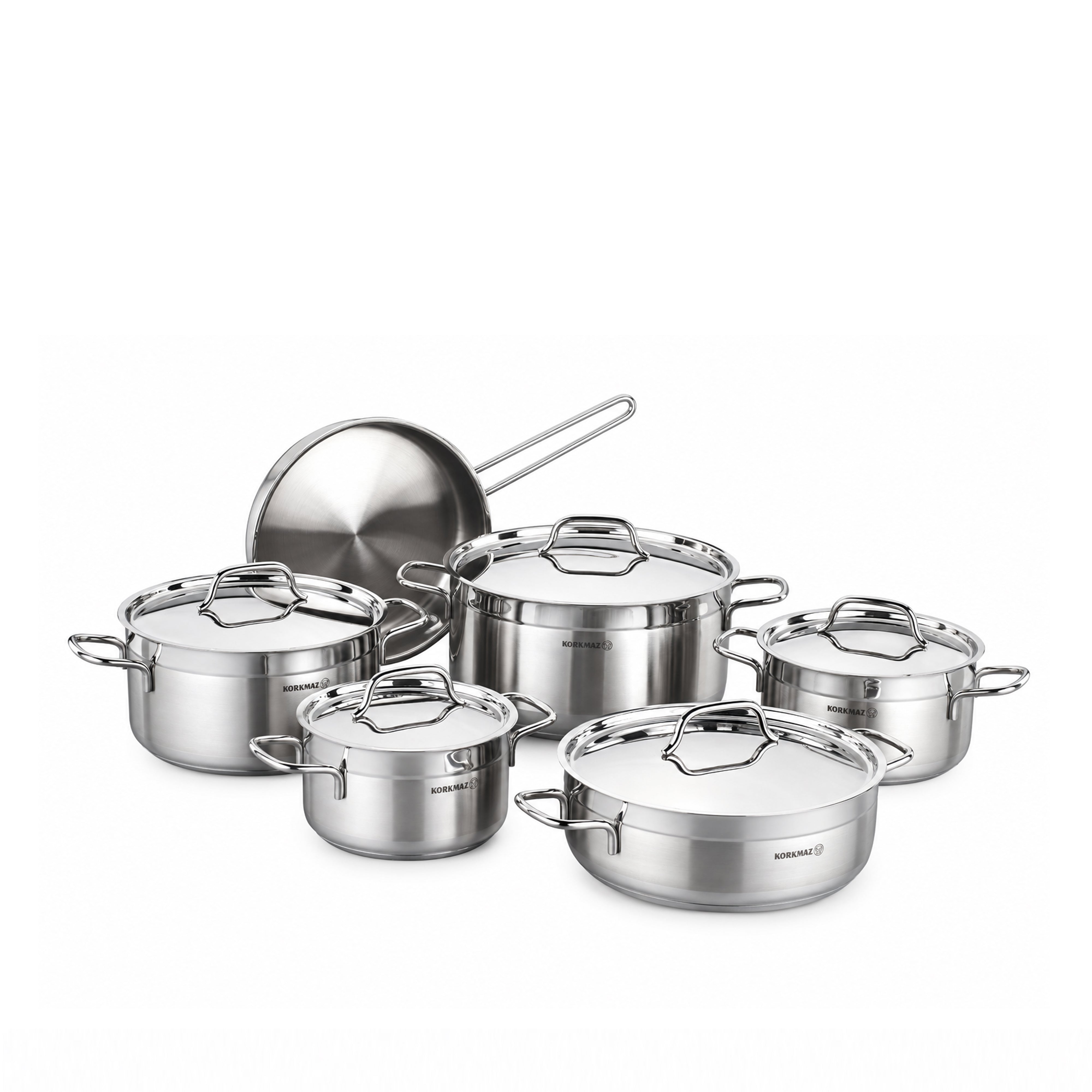 Korkmaz Alfa Plus 11 Pieces Stainless Steel Cookware Set | Induction Compatible Tri-Ply Bottom Pots and Pans Set | Silver - KA1610
