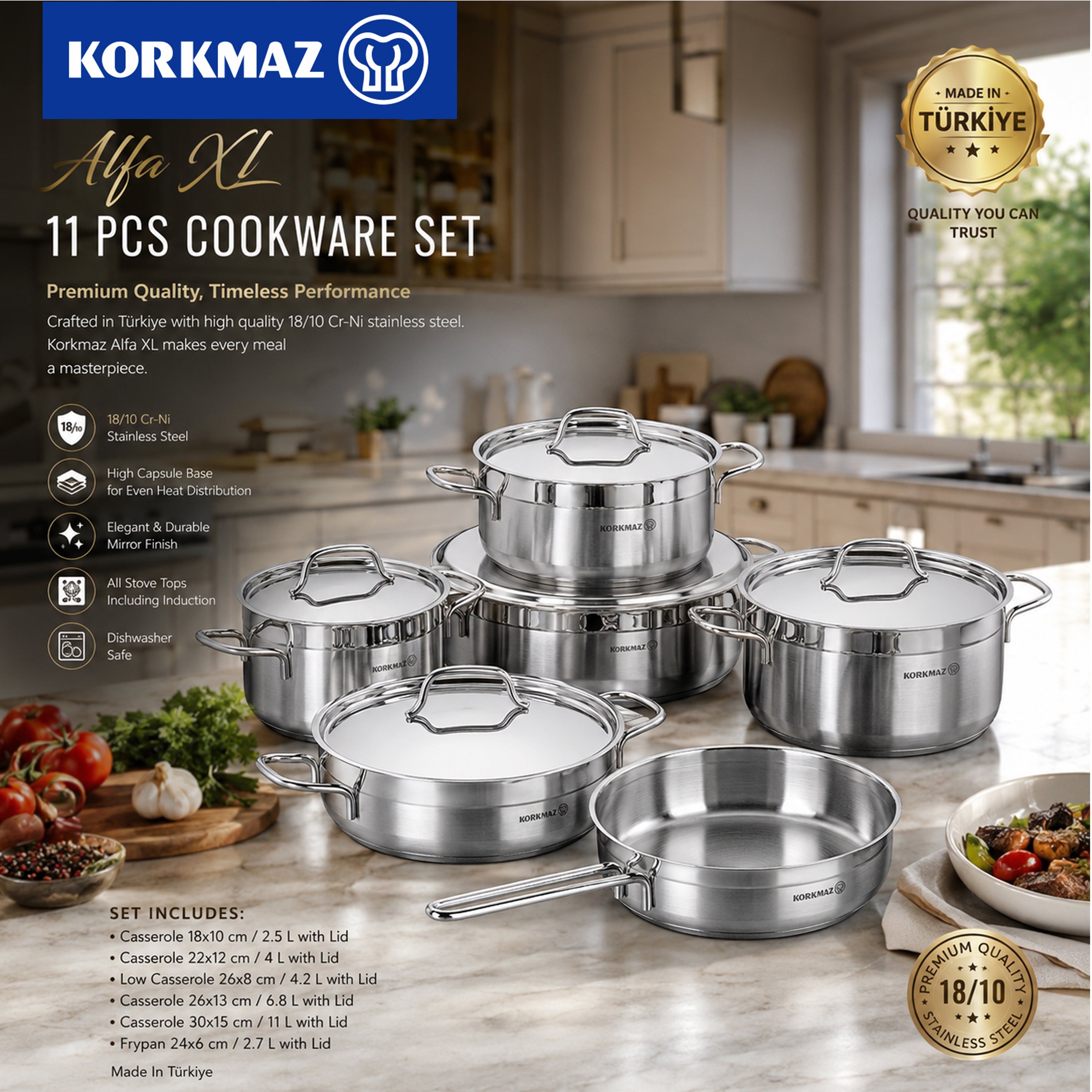 Korkmaz Alfa XL 11 Pieces Stainless Steel Cookware Set | Induction Compatible Tri-Ply Bottom Pots and Pans Set | Silver -KA1641