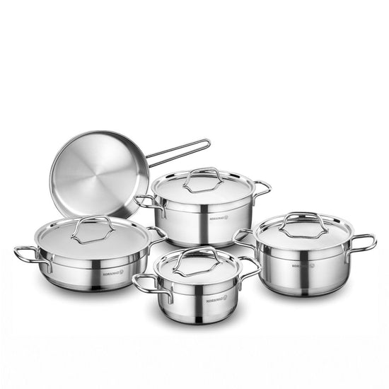 Korkmaz Alfa 9 Pieces Stainless Steel Cookware Set | Induction Compatible Tri-Ply Bottom Cookware Pots and Pans Set | Silver - KA1660