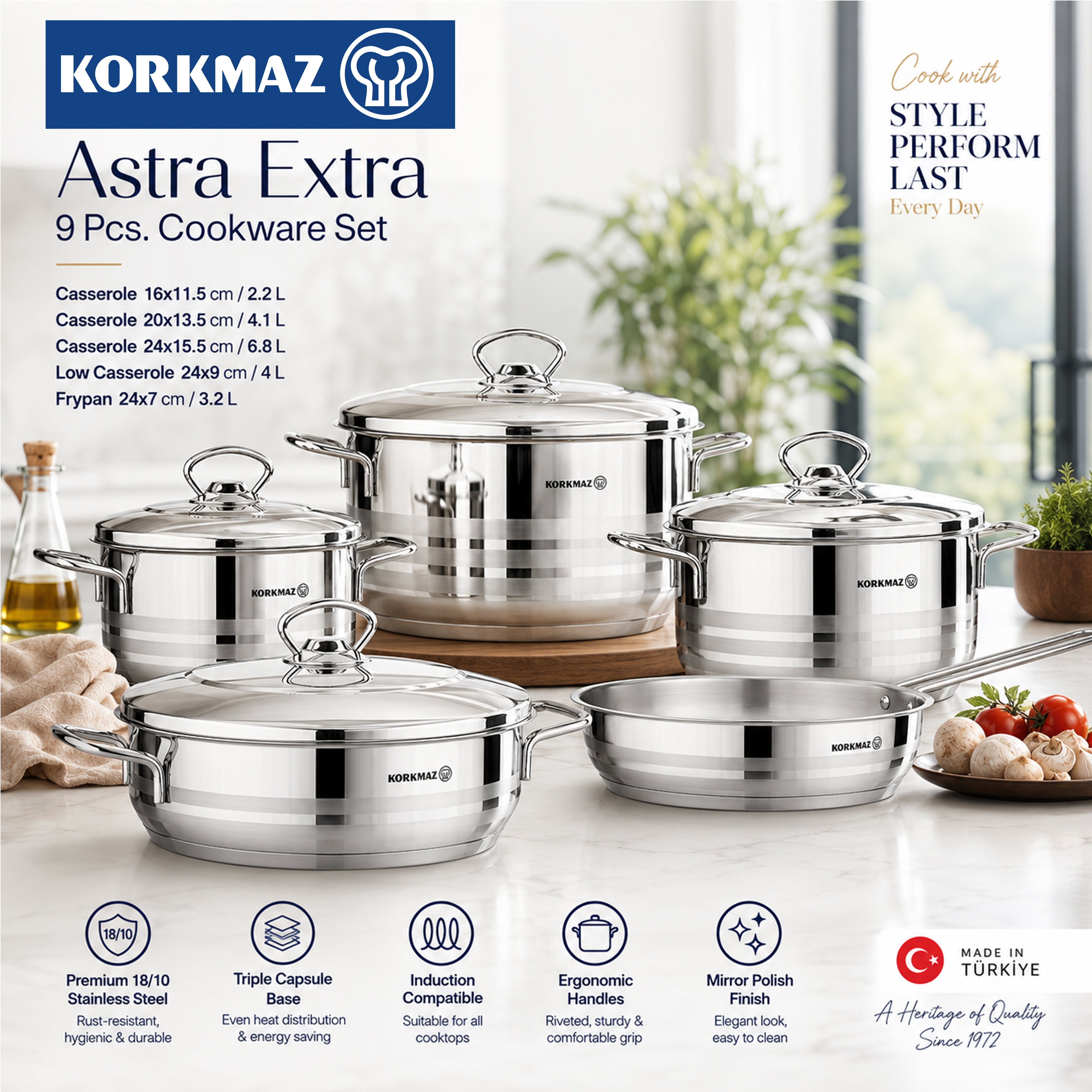 Korkmaz Astra 9 Pcs Stainless Steel Cookware Set | Induction Compatible Tri-Ply Bottom Pots and Pans Set | Silver - KA2020