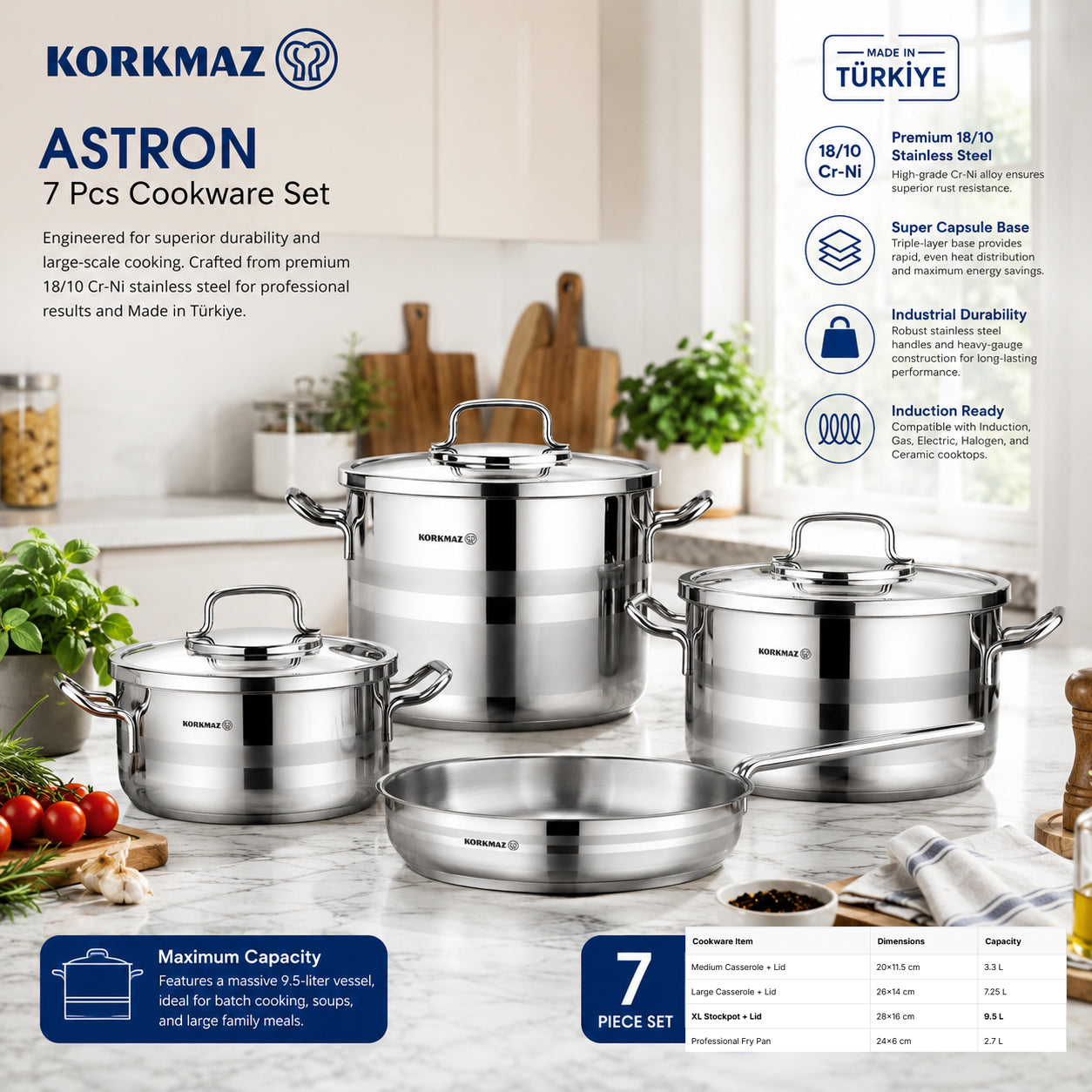 Korkmaz Astron 7 Pcs Cookware Set | Stainless Steel Pots and Pans Set | Inductions Compatible Tri-Ply Bottom Cooking Set | Silver - KA2054