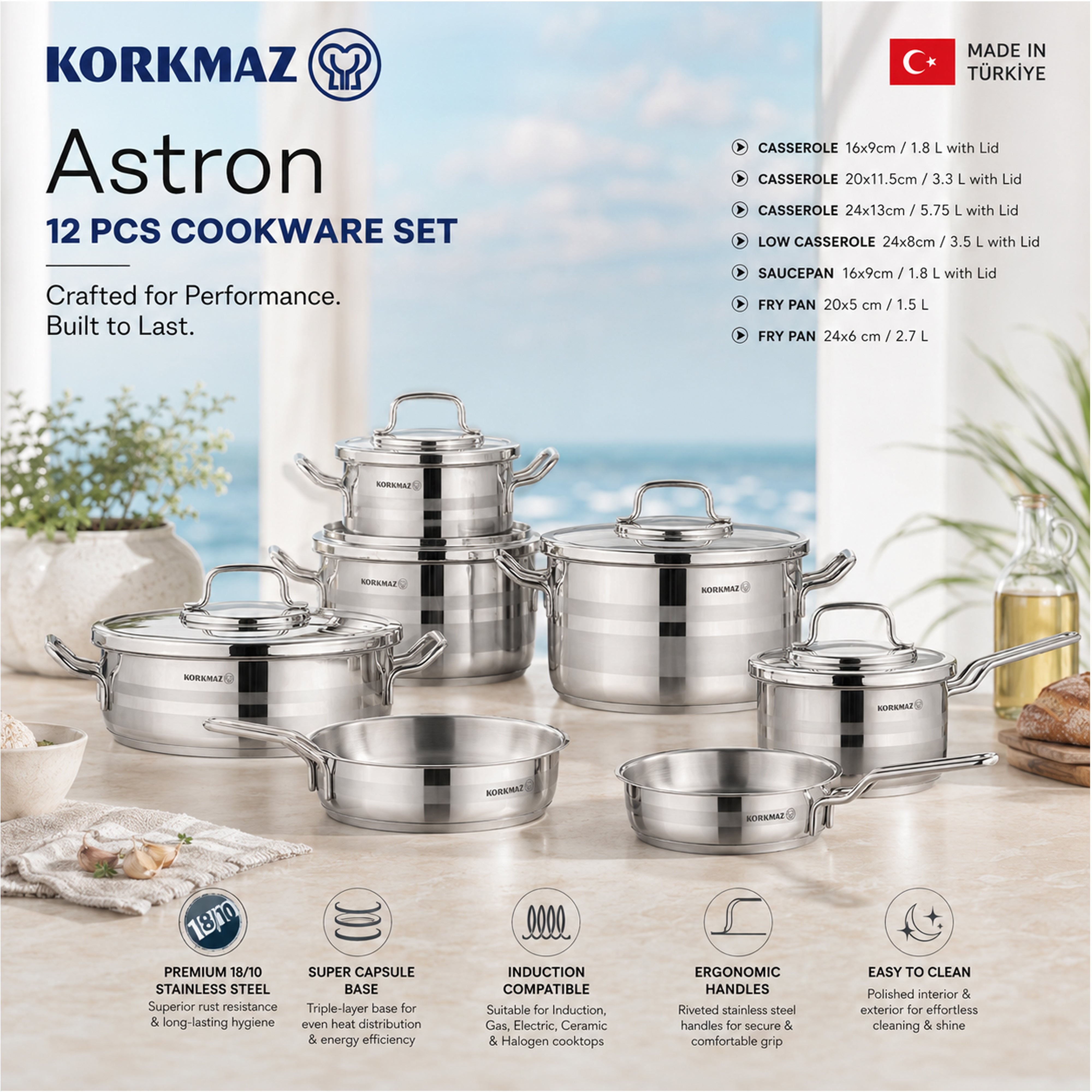 Korkmaz Astron 12 Pcs Cookware Set | Stainless Steel Pots and Pans Set | Inductions Compatible Tri-Ply Bottom Cooking Set | Silver - KA2056
