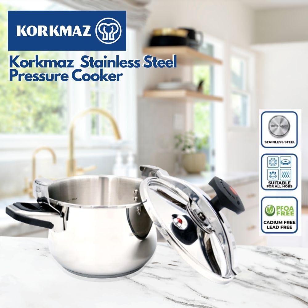 Korkmaz Stainless Steel Pressure Cooker 16L | Aluminium Capsul Base Turkish Pressure Cooker with Heavy Lid | KA773-02