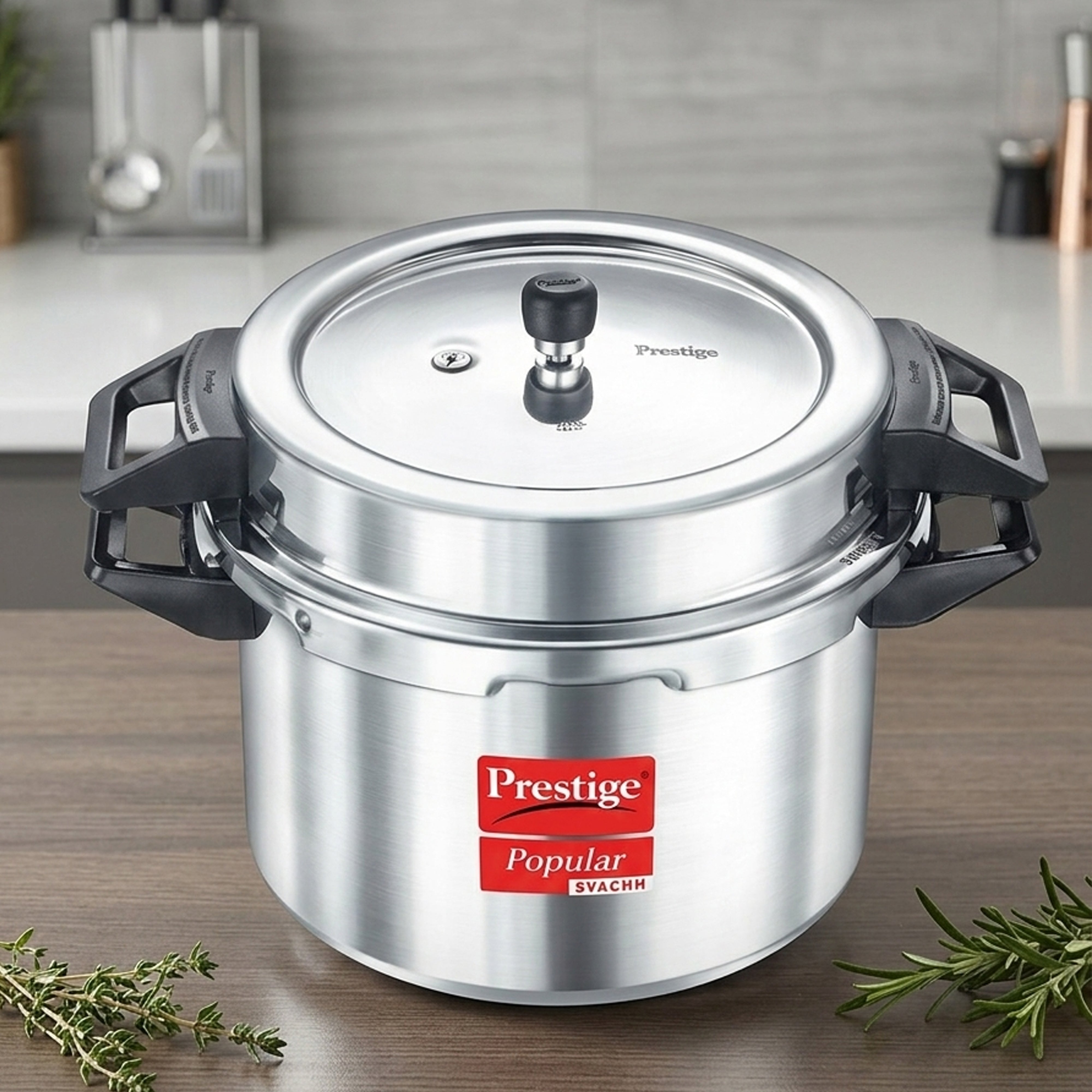 Prestige Popular Plus Svachh Virgin Aluminium Spillage Control Outer Lid Pressure Cooker, (Silver), 20 Liter