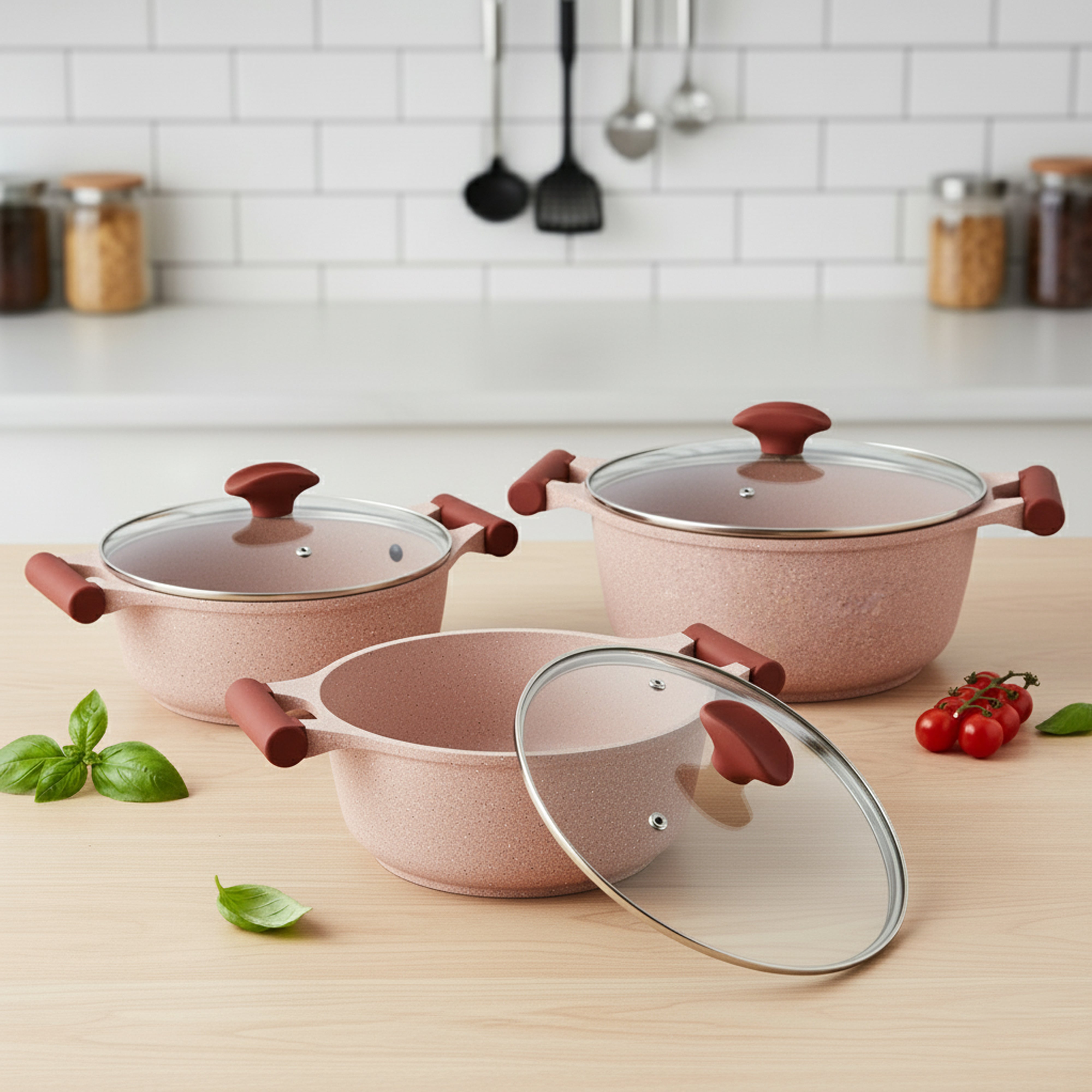 Prestige Essentials Pots and Pans Set | Granite 6 Piece Non-Stick Cast Aluminium Cookware set | Induction Base | Non Stick Cooking Set | Pink PR80969