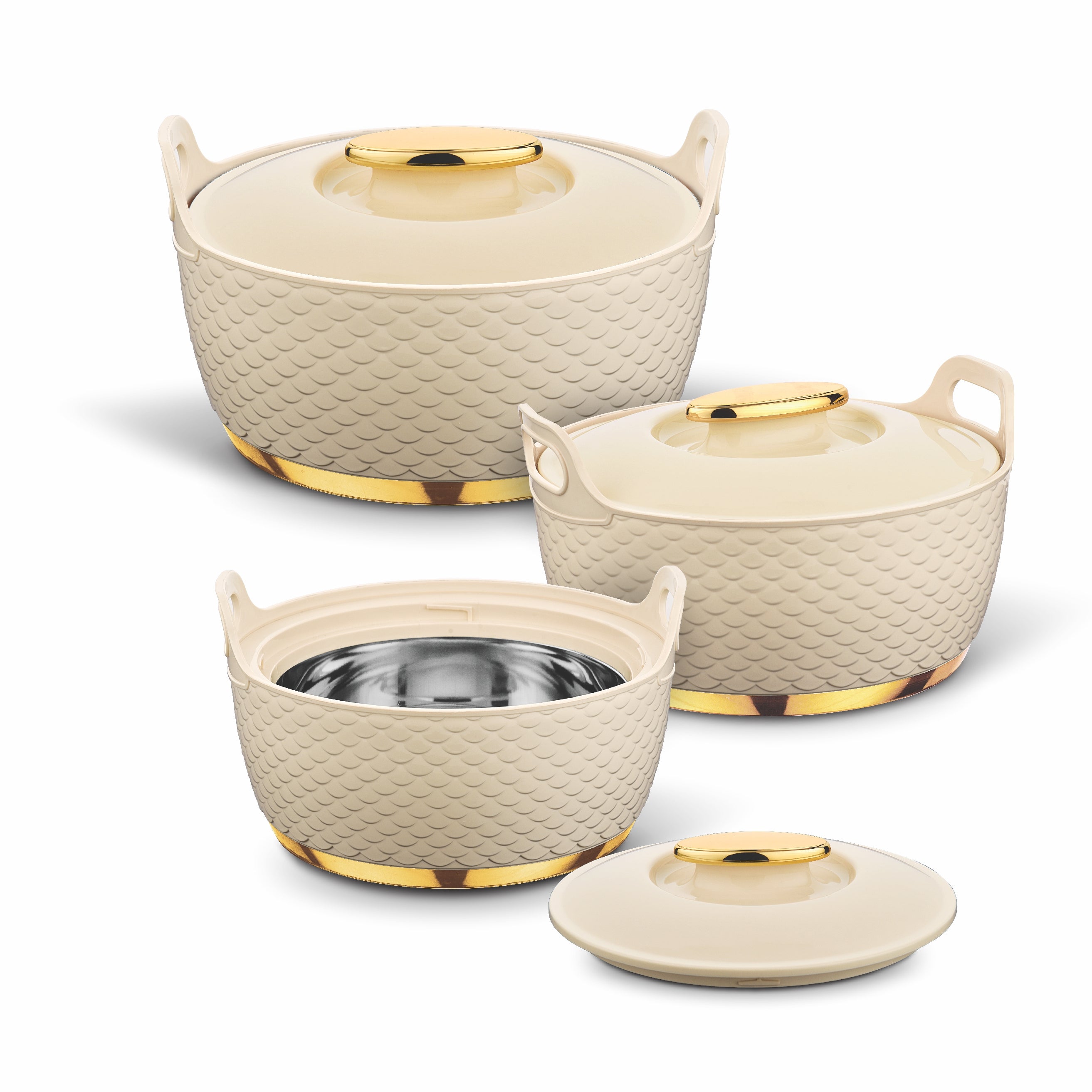 Asian Majestic Gold Cass Dlx Set3 (1500+2500+3500) | Super PU Insulation Hot Pot with Stainless Steel Inner Casing | Dishwasher Safe | Serving Dishes with Lids | Hot Food Storage Container & Warmers